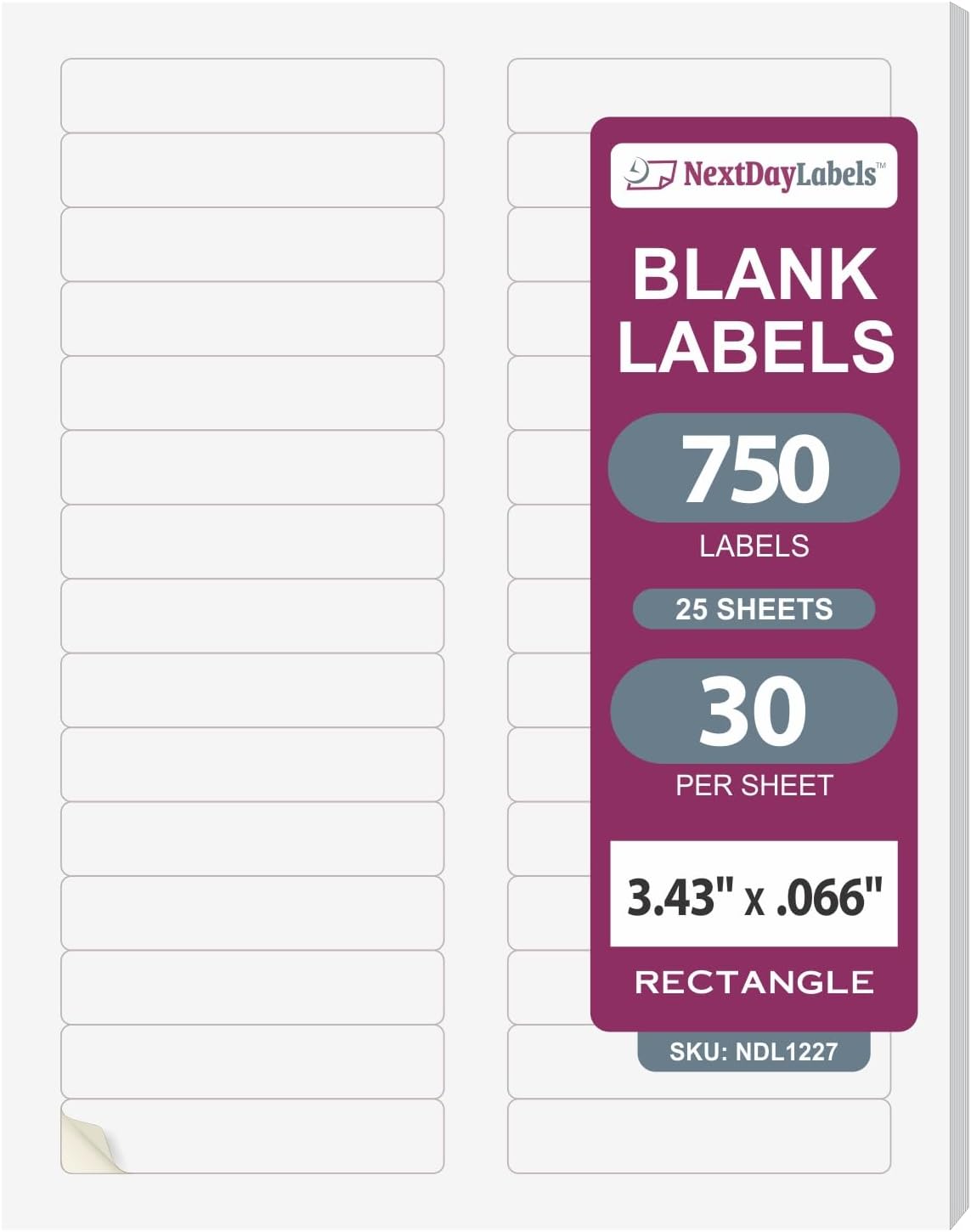 NextDayLabels - Laser/Ink Jet White Labels (2/3" x 3-7/16" - 30 Per Page | 750 Labels)
