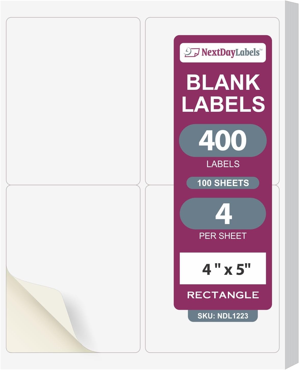 NextDayLabels – 4” x 5” Rectangular Sticker Labels for Printer - White Laser/Inkjet Printer Labels Return Address Labels Shipping Label Stickers (100 Sheets, 4 Per Sheet, 400 Labels)