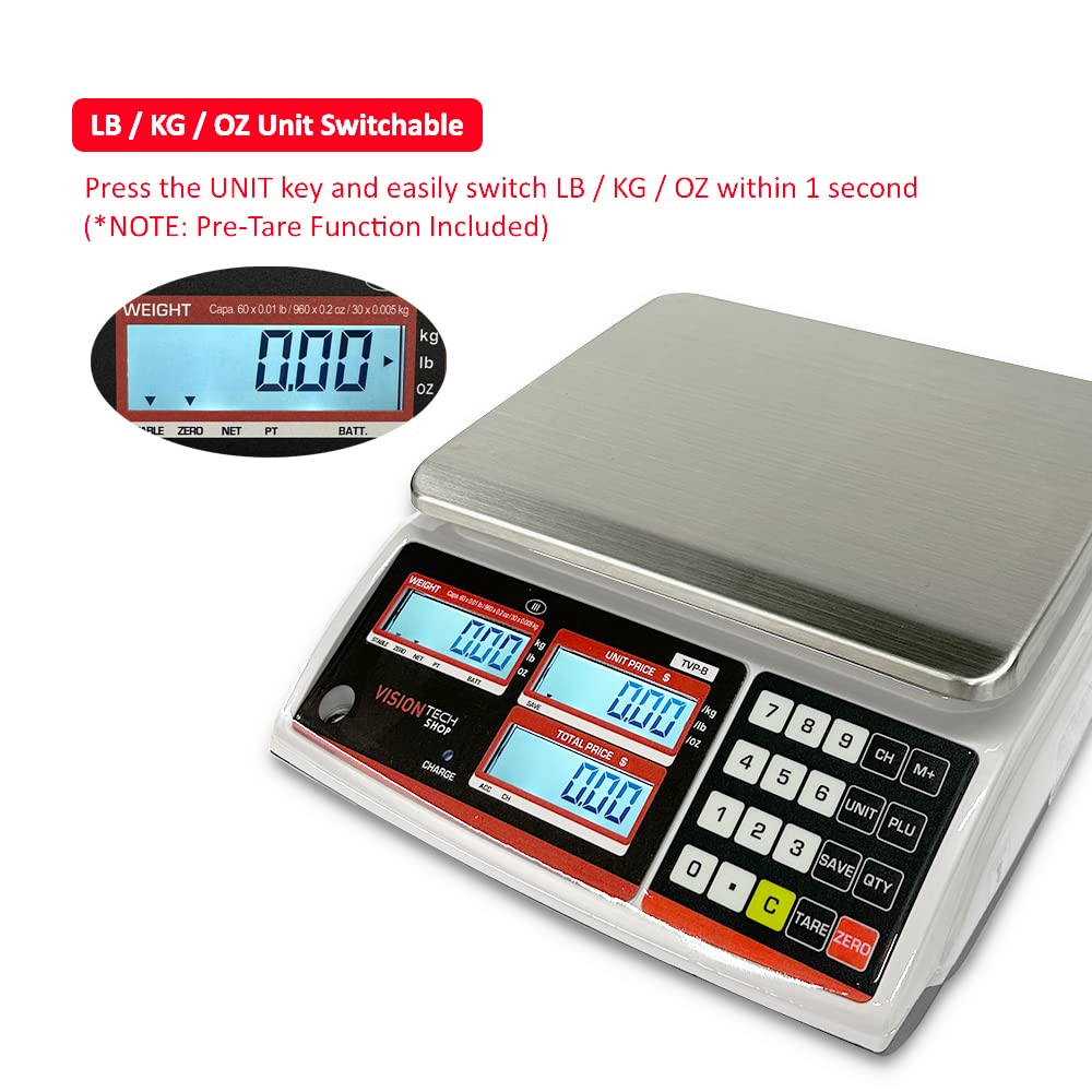 VisionTechShop TVP-30B Price Computing Scale, Lb/Oz/Kg Switchable, 30lb Capacity, 0.005lb Readability, NTEP Legal for Trade COC #19-038, NSF Certified