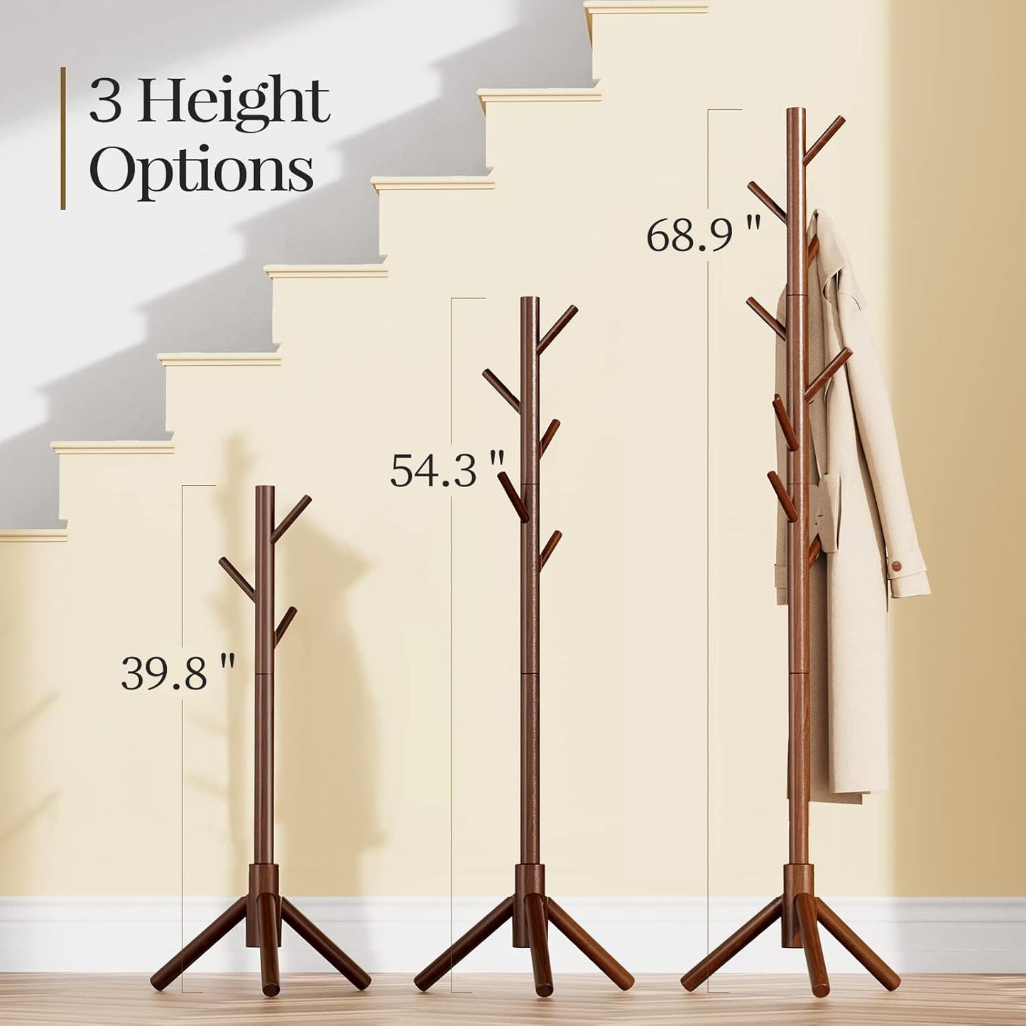 Pipishell Sturdy Wooden Coat Tree with 8 Hooks, 3 Adjustable Sizes for Clothes, Hat Stand Used in Bedroom/Office/Entryway, Brown