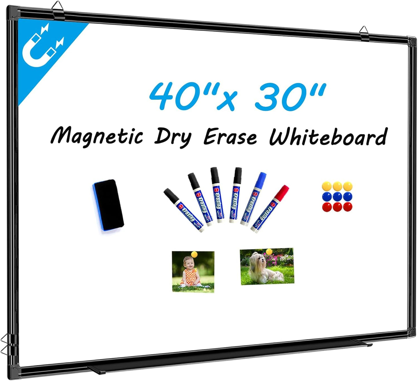 H-Qprobd 40"x30" Magnetic White Board Dry Erase Wall Mount Whiteboard - Office Home Classrooms White Board Hanging Writing Board with Black Aluminum Frame