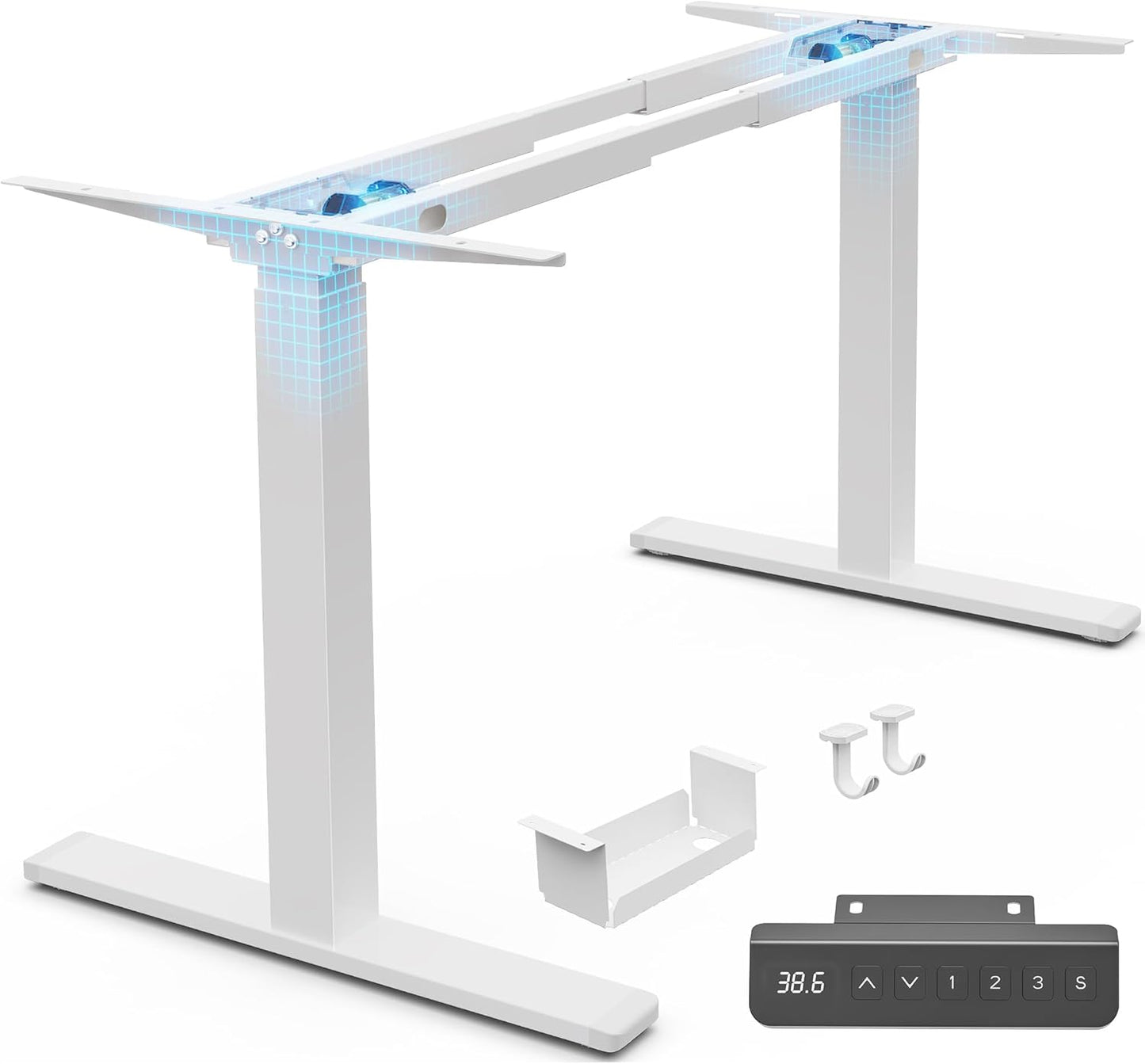 Huuger Dual Motor Electric Standing Desk Frame, Sit Stand up Desk Leg for 47.2” to 86.6” Desktop, Computer Desk Leg with Cable Tray, 3 Memory Height Presets, 2 Hooks, White Frame Only