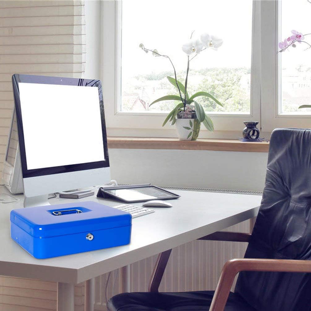 Jssmst Locking Large Metal Cash Box with Money Tray, Lock Money Box with Key, Blue, CB00513XL