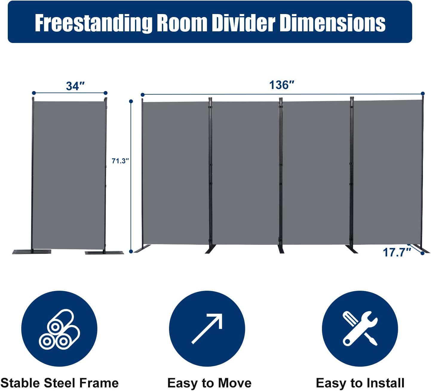 Room Divider 6FT Portable Room Dividers and Folding Privacy Screens, 136'' W Fabric Divider for Room Separation, 4 Panel Partition Room Dividers Freestanding Wall Divider Screen for Dorm Studio Office