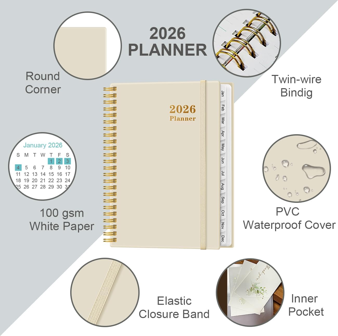 2026 Planner - Weekly and Monthly Calendar Planner from Jan 2026 - Dec 2026, Planner 2026 Spiral Bound with 12 Monthly Tabs, Inner Pocket, Perfect for School Office Supplies, 6.4" x 8.5", Beige