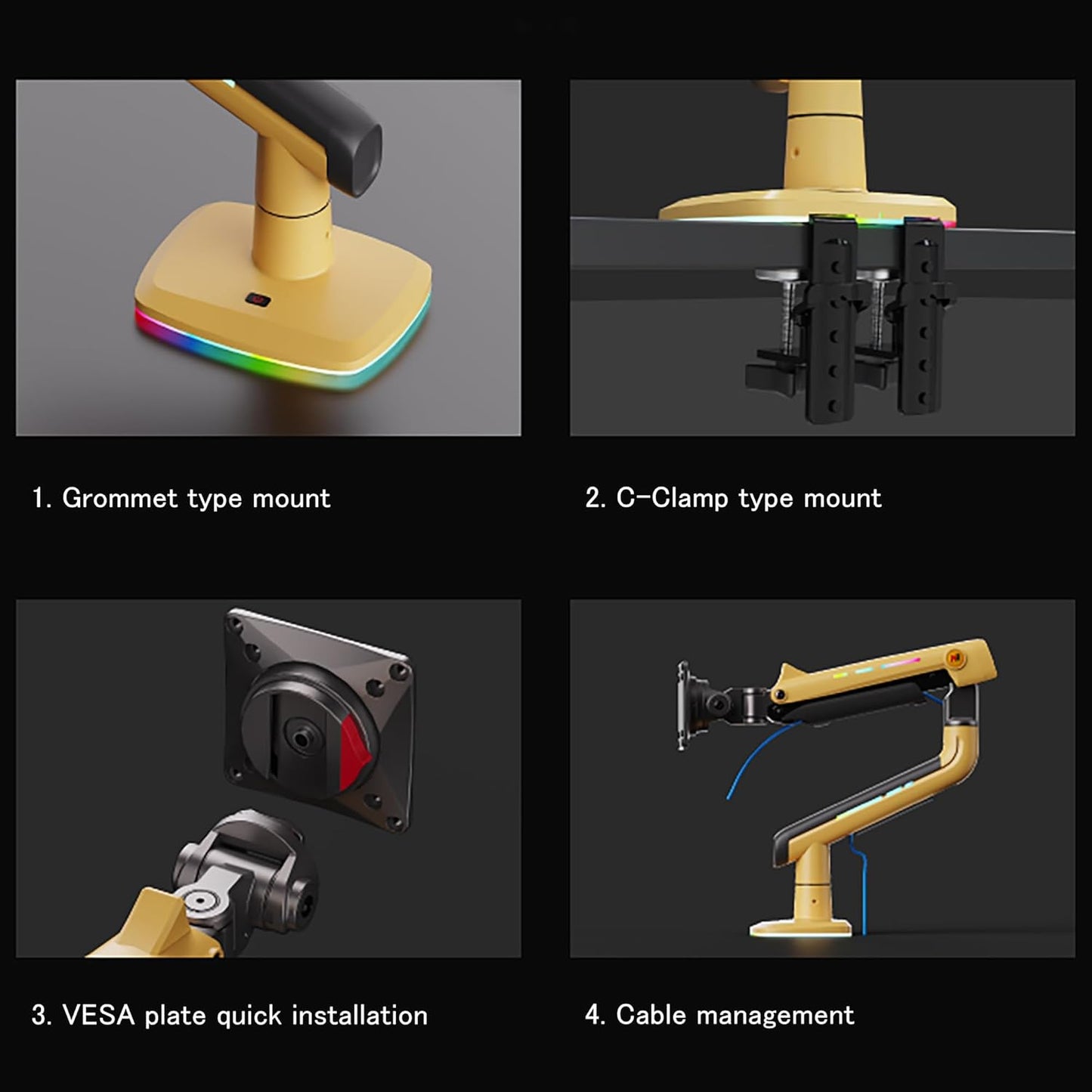 NB Gaming Monitor Arm or for 32 to 60 Inches Screen, Load up to 20 kg, VESA 75/100, RGB-Light, Heavy Duty, Multi Angle Adjustable, Premium Aluminum, Yellow