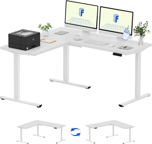 FLEXISPOT L Shaped Standing Desk, 63 x 55 Inch Electric Height Adjustable Corner Desk, Sit Stand Computer Workstation, Preset Controller, Home Office, White Frame with White Top