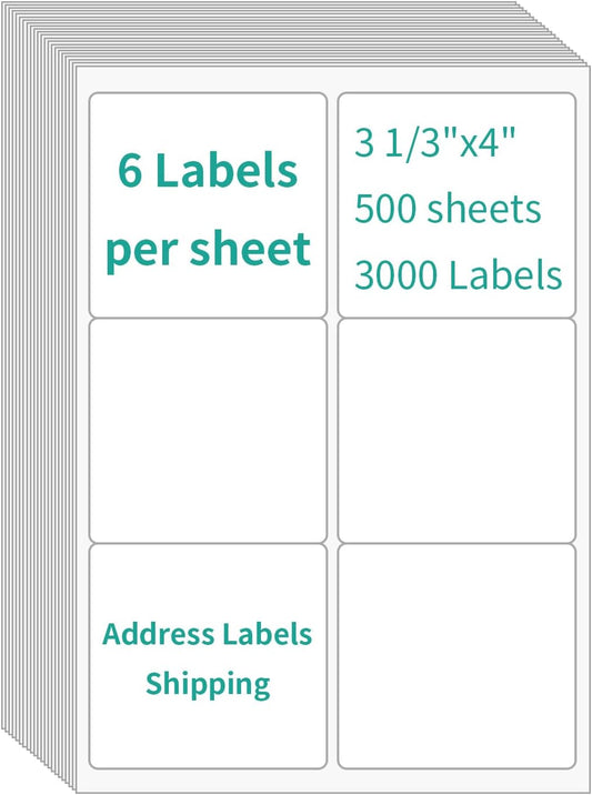 6 UP Labels, 4" x 3-1/3" Shipping Address Labels for Laser Inkjet Printer, Self Adhesive, Blank Mailing Sticker Printer Paper (500 Sheet=3000)