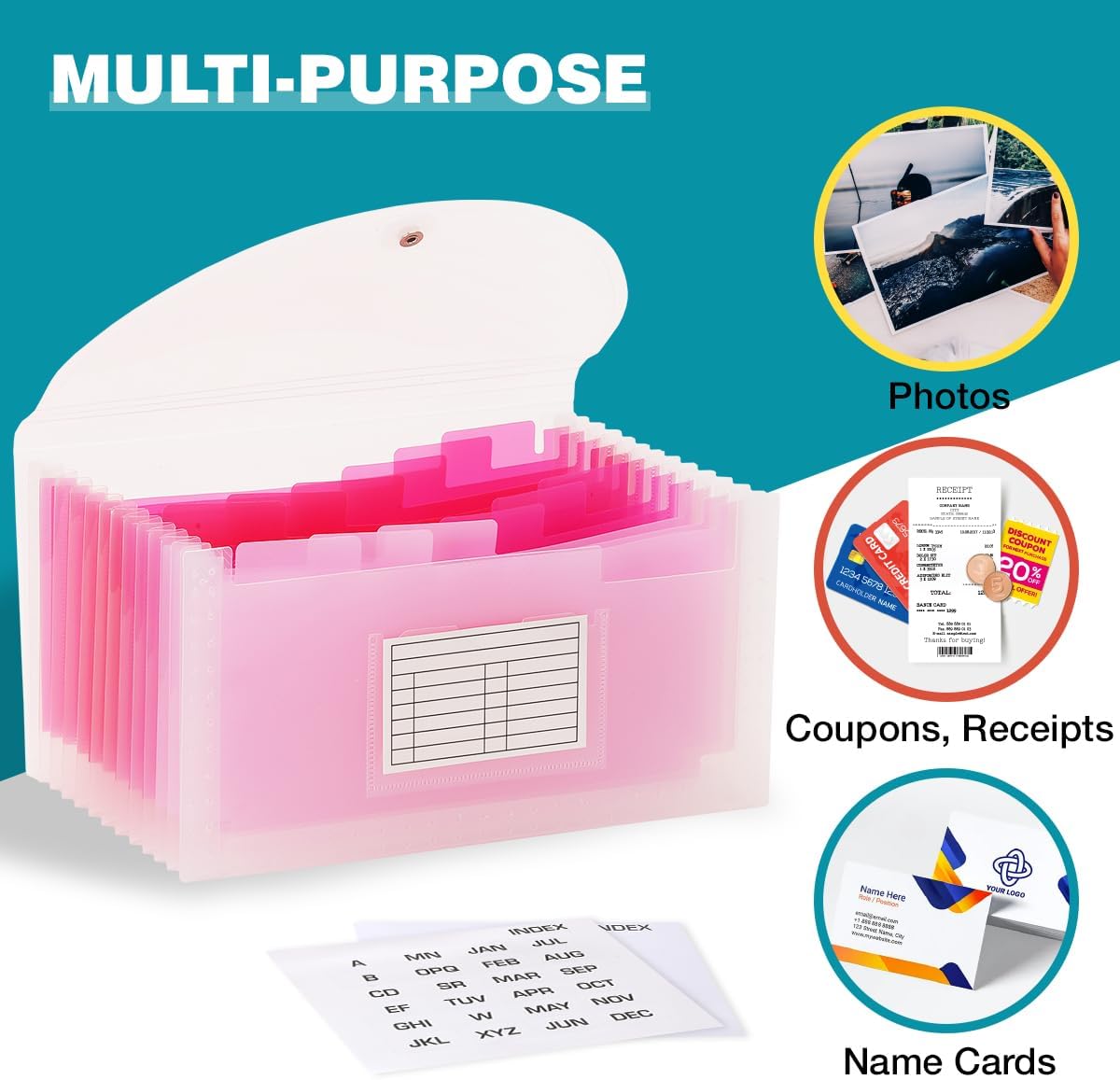 H4D Check Size 13 Pocket Expanding File Folder, Accordion File Organizer Wallet Case for Coupon Receipt Storage, 10 x 5.5 inches, Pink