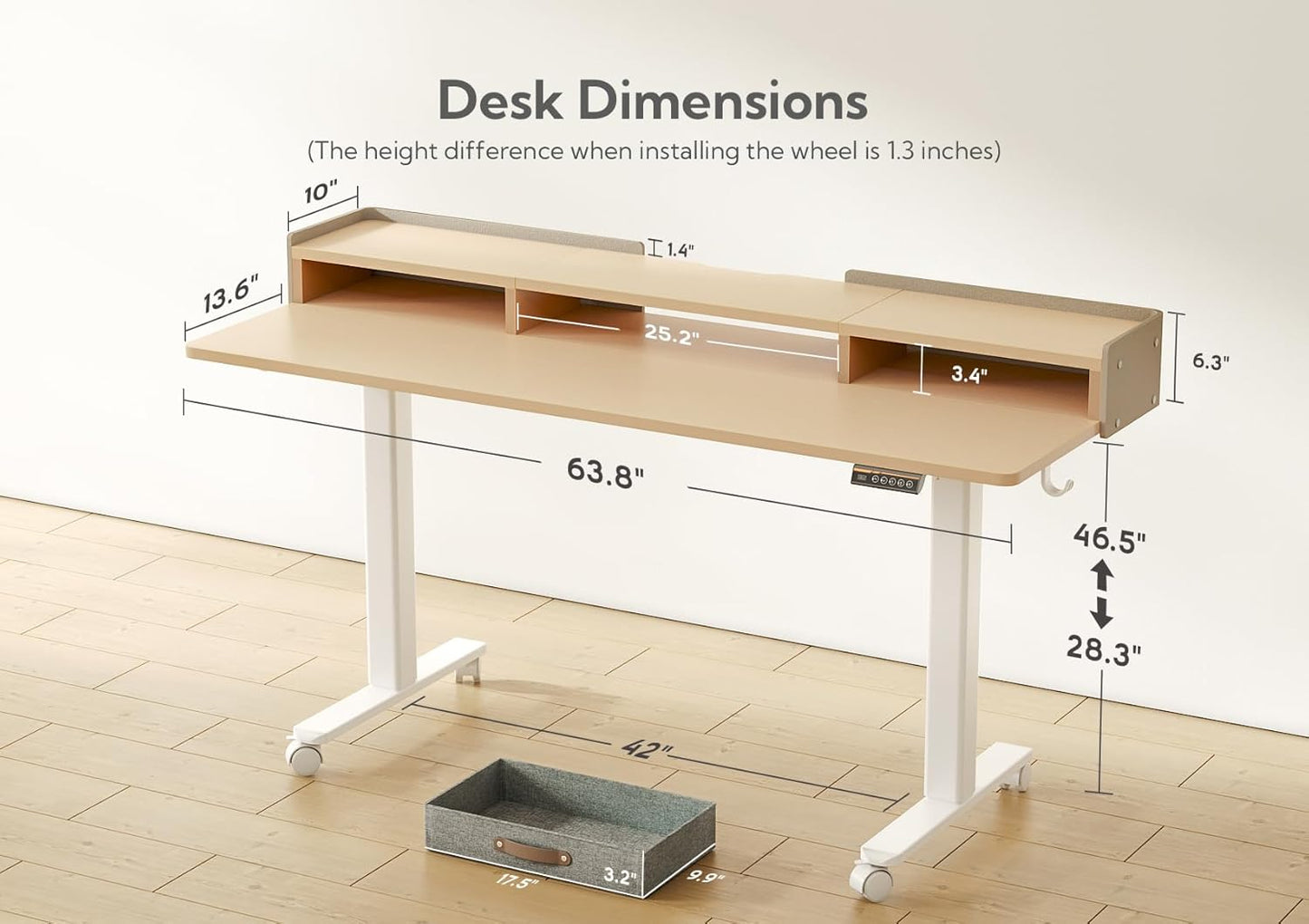 Claiks Standing Desk with Drawers, Adjustable Stand Up Electric Standing Desk Adjustable Height with Storage Shelf and Splice Board, 63 Inch, Natural
