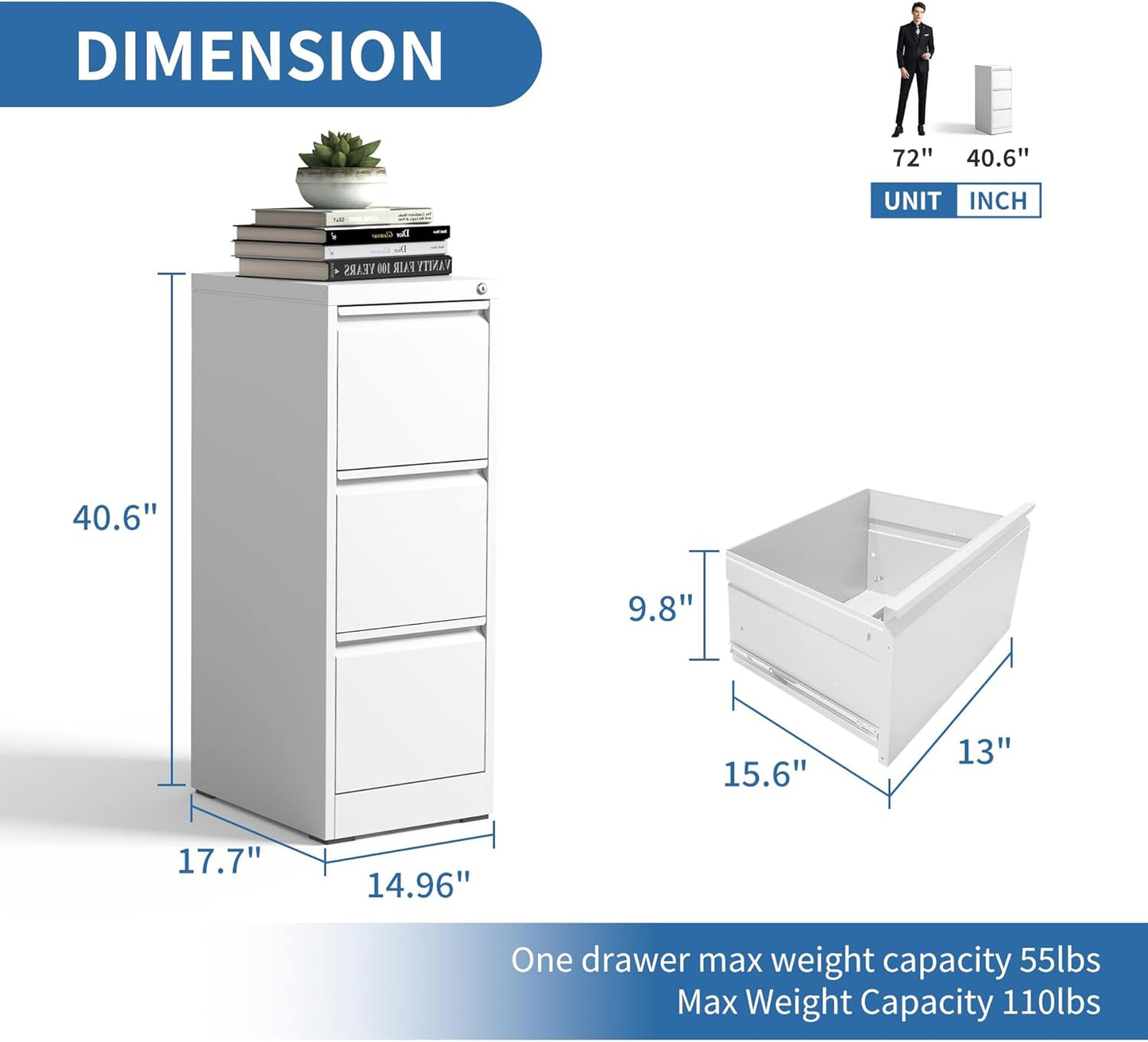 3 Drawer File Cabinet with Lock, Metal Vertical Filing Cabinets for Home Office, Steel Storage Cabinet for Hanging Legal/Letter Size Files, Assembly Required (White)