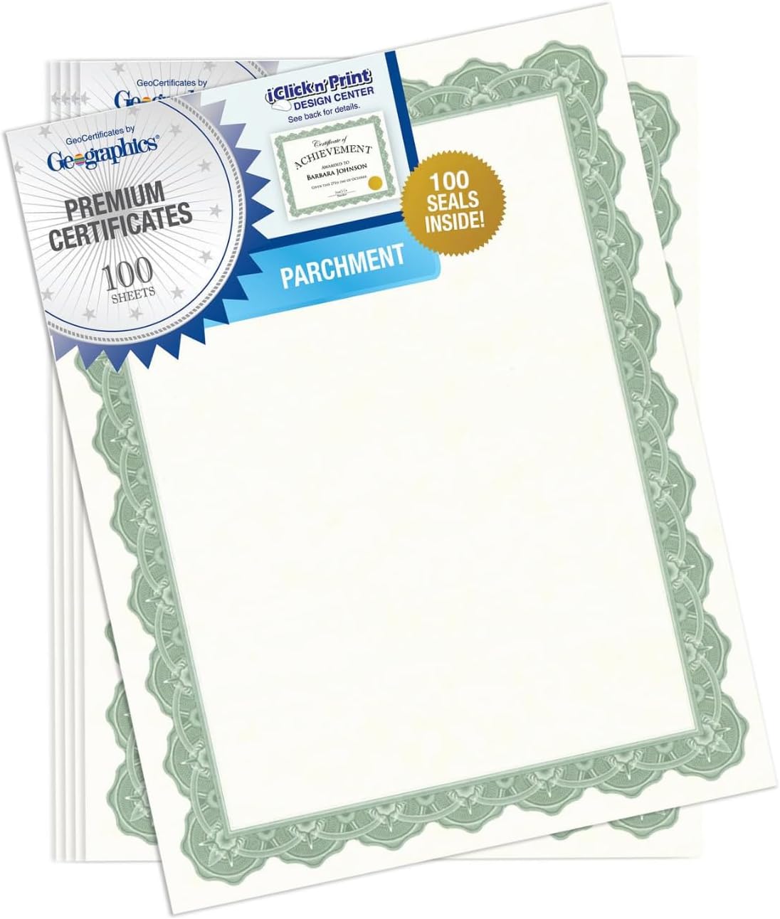 Recycled Blank Parchment Certificate Paper, 8.5 x 11, Optima Green with Gold Foil, Pack of 100 - Certificate Paper for Printing - Ideal Cardstock for Printers