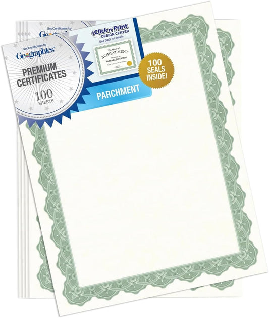 Recycled Blank Parchment Certificate Paper, 8.5 x 11, Optima Green with Gold Foil, Pack of 100 - Certificate Paper for Printing - Ideal Cardstock for Printers