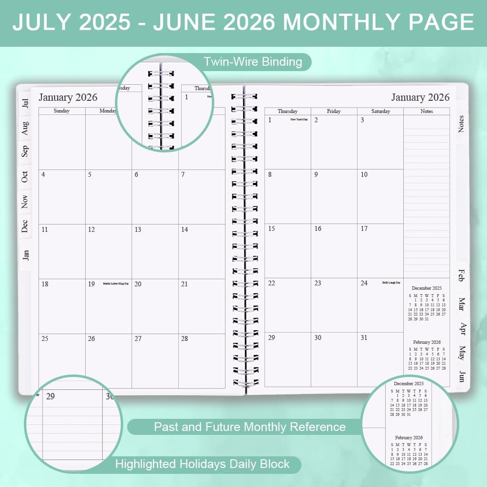 2025-2026 Planner - Monthly Planner Runs July 2025 to June 2026, 6.25" x 8.25", 12 Monthly Tabs, 14 Notes Page, Inner Pocket, Flexible Cover with Twin-Wire Binding, Planners 2025-2026, Teal