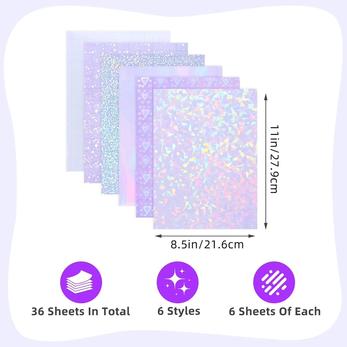 36 Sheets Holographic Laminate Sheets Transparent Holographic Sticker Paper Self Adhesive Laminating Sheets Clear Vinyl Waterproof Overlay for Sticker Pape, 8.5x11 inch 6 Patterns