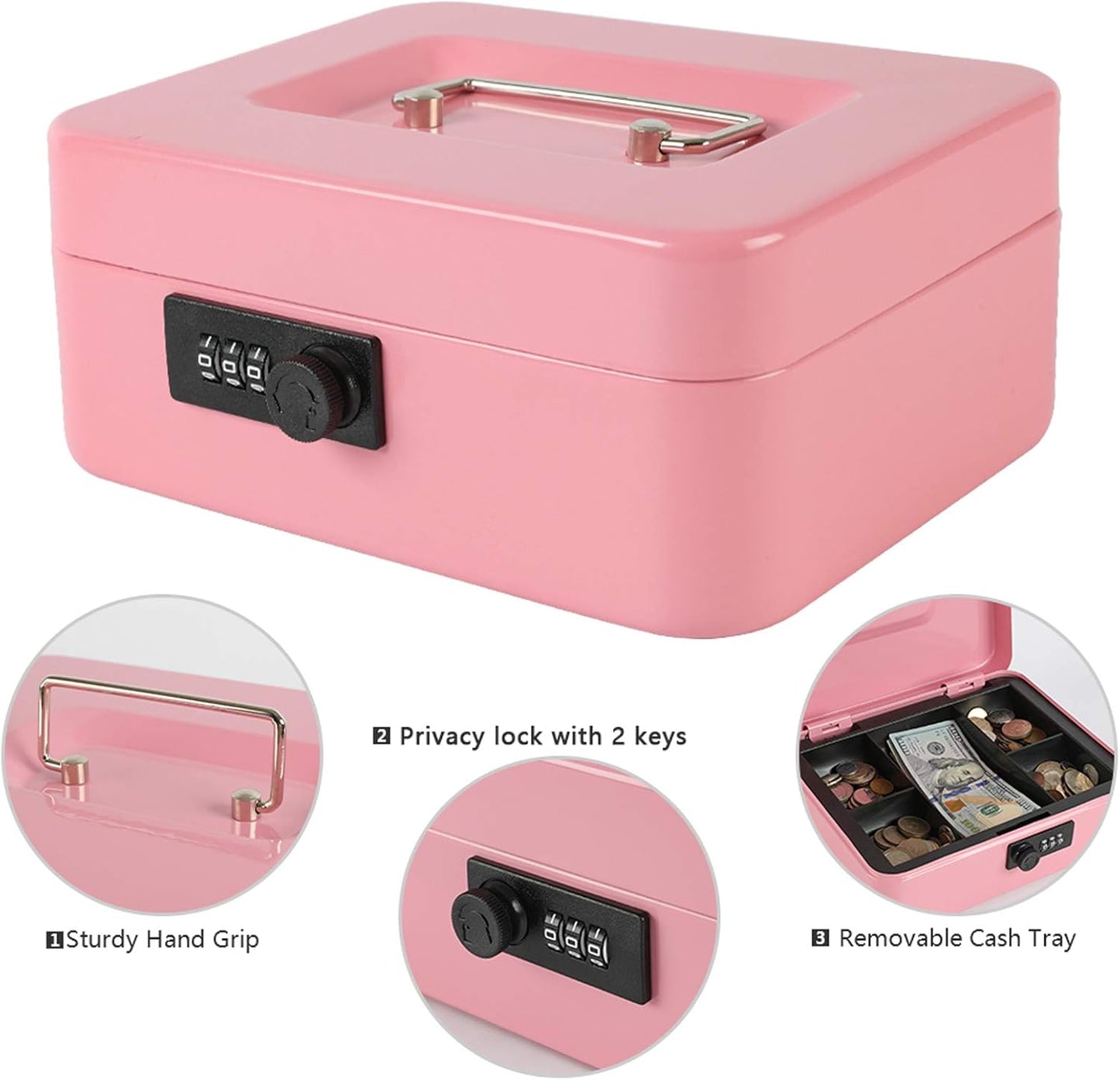 xydled Steel Cash Box Safe with Combination Lock,Money Safe Box with Removable Coin Tray,Medium,7.87"x 6.30"x 3.54",Pink