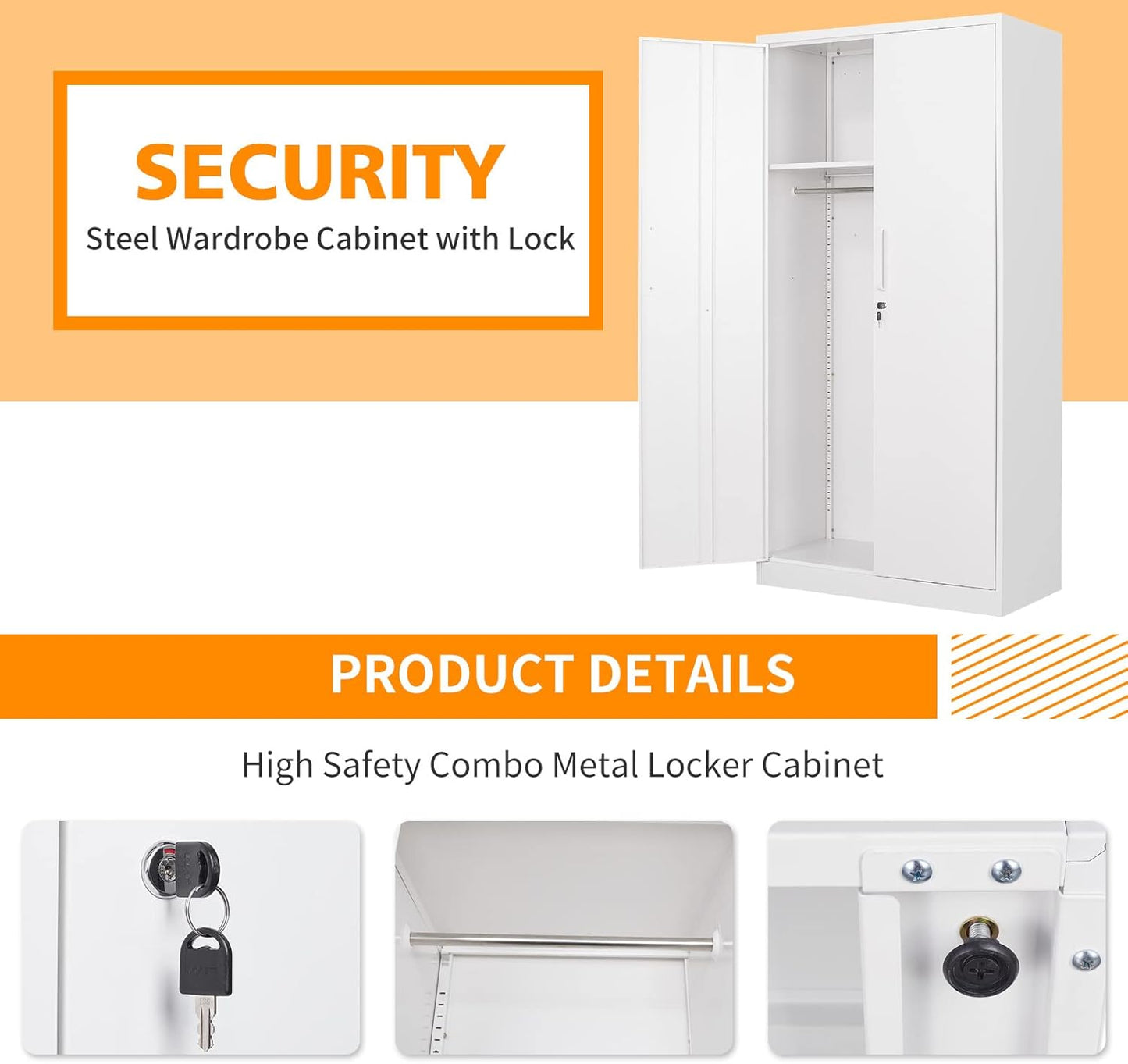 MIIIKO Steel Wardrobe with 2 Doors, White Metal Locker for Storage with Hanging Rod and 4 Shelves, Lockable for Bedroom and Home Office