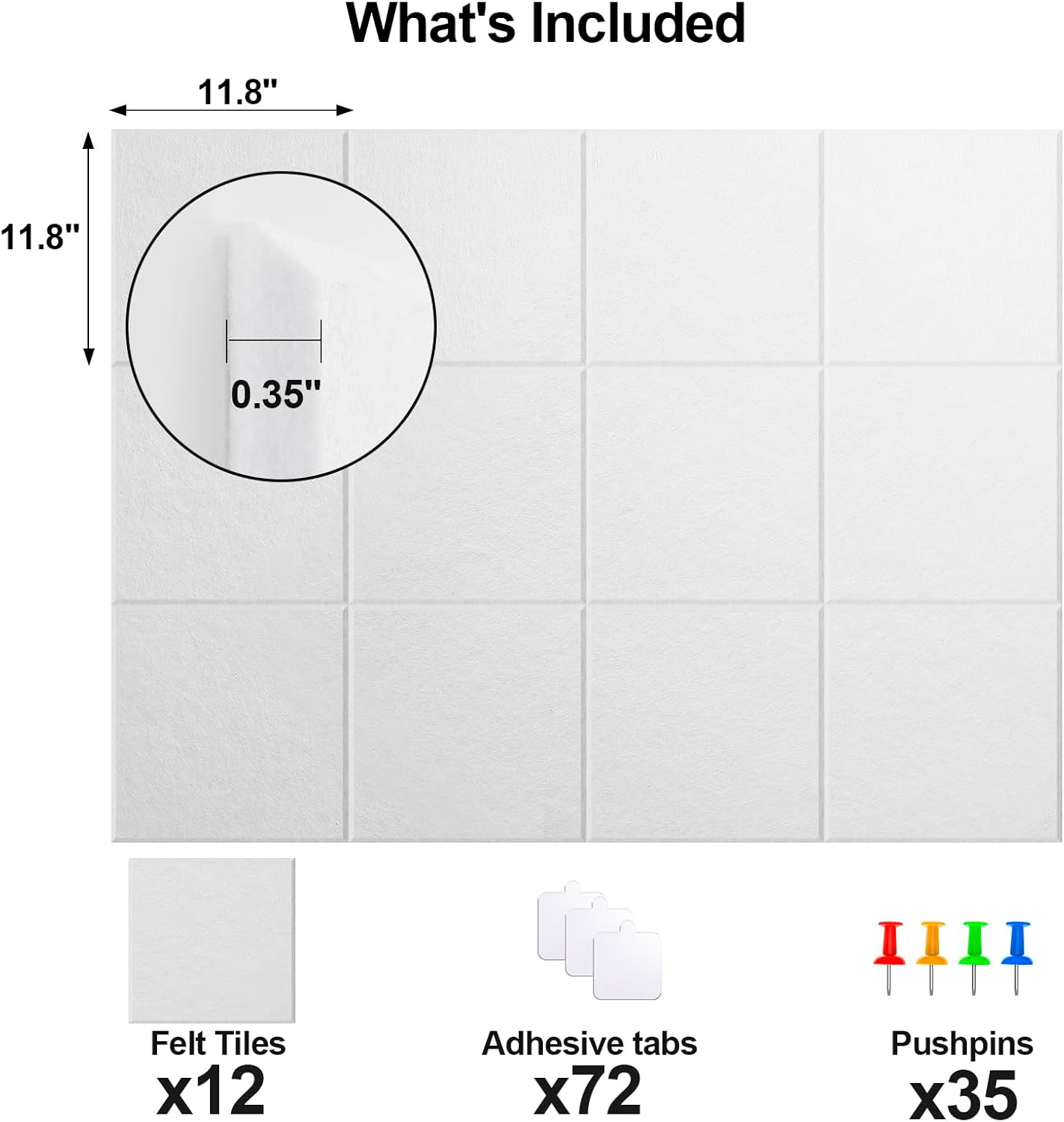 Large Cork Board for Walls 47" x 35" 12 Pack Black Bulletin Boards Felt Wall Tiles with Safe Removable Adhesive Corkboards for Office Home,White