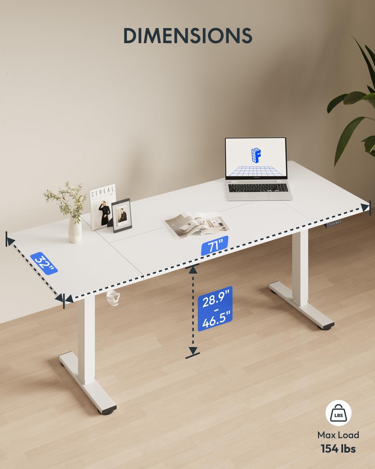 FLEXISPOT 71 x 32 Inch Large Standing Desk, Stand Up Desk with Splice Board, Rising Desks for Home Office, Office Desk with Cup Holder and Headphone Hook (White Frame + White Top, 2 Packages)