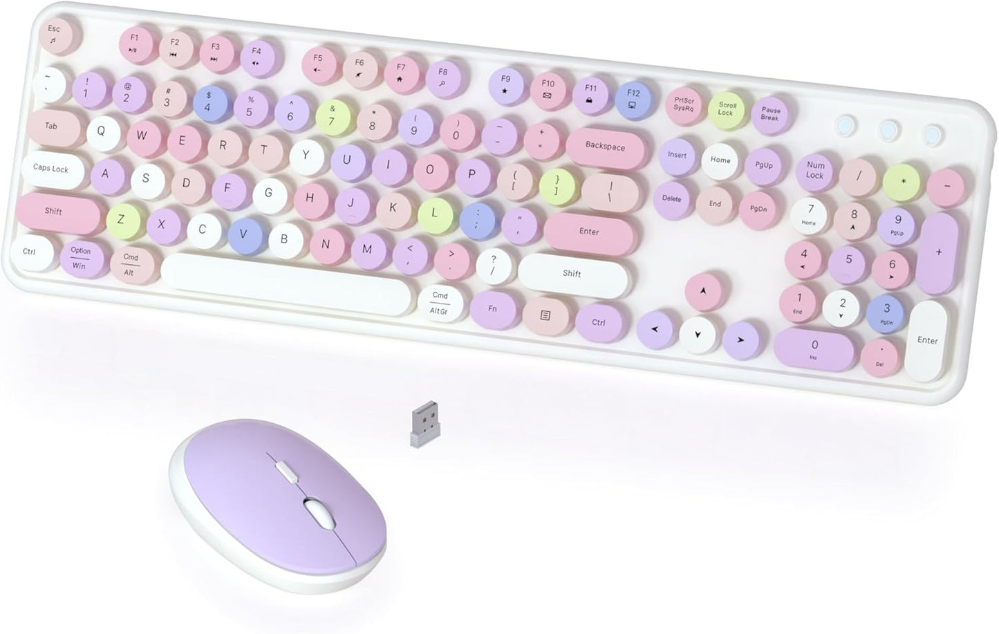 Colorful Wireless Keyboard and Mouse Combo, COVEVA 2.4GHz Wireless Retro Cute Round Keycaps Keyboard, 104 Keys Full-Sized Keyboard Mouse Set with Switch Button for PC Laptop Desktop (White Colorful)