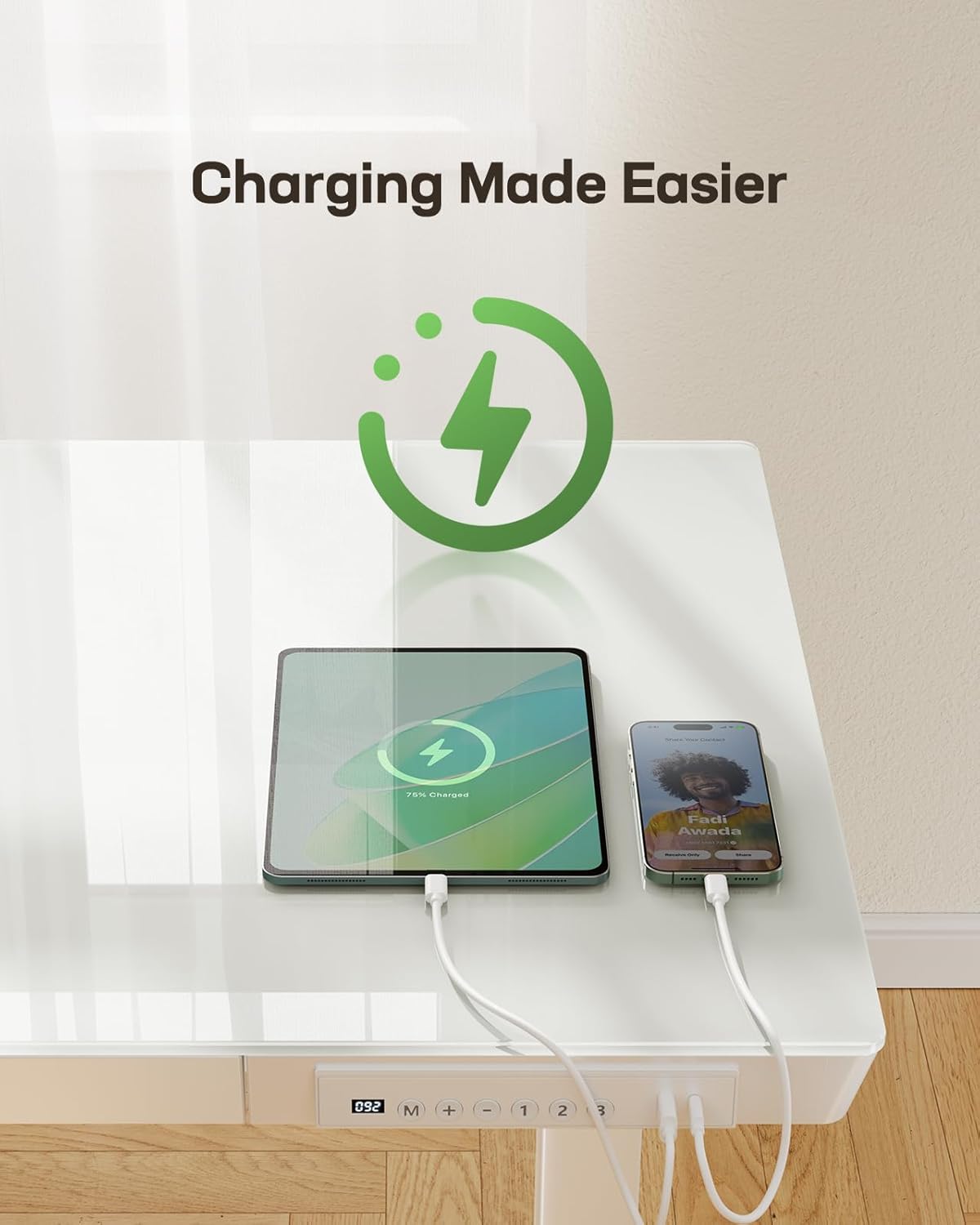 Marsail Glass Standing Desk with Drawer, 48 x 24 inch Electric Standing Desk, Height Adjustable Desk with One-Piece Tabletop & USB Charging Ports, Sit Stand Desk with Storage for Home & Office White