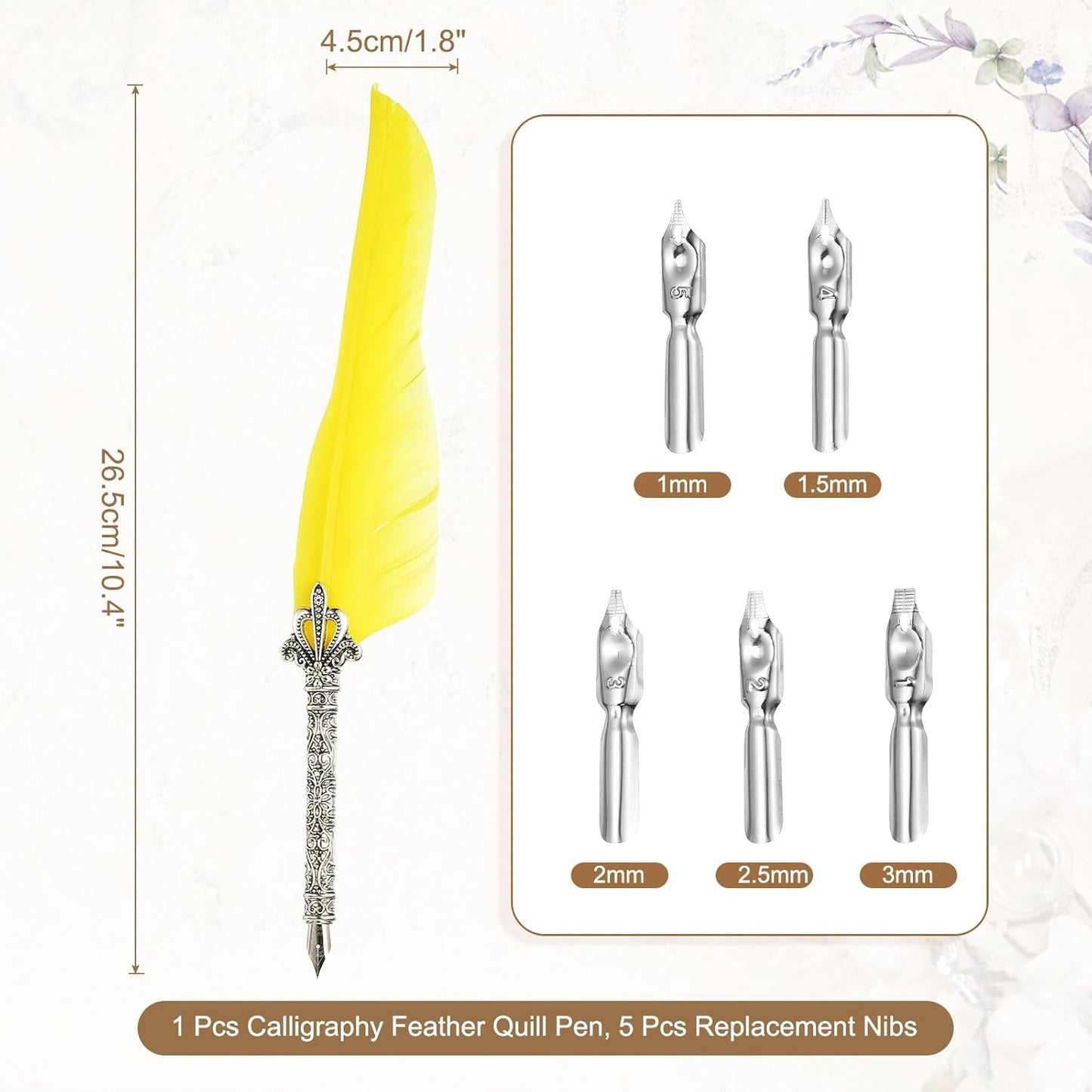 PATIKIL 26.5cm/10.4" Calligraphy Feather Quill Pen, Vintage Feather Dip Pen with 5 Replacement Nibs for Calligraphy Writing Wedding Office Gifts, Light Yellow