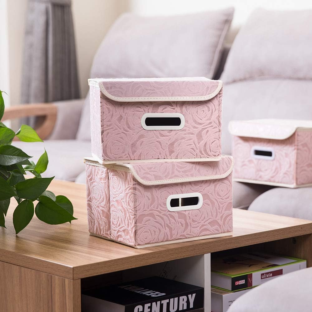 PRANDOM Collapsible Storage Boxes with Lids Fabric Decorative Storage Bins Cubes Organizer Containers Baskets with Cover Handles Divider for Bedroom Closet Living Room 9.8x7.9x6.7 Inch 3 Pack