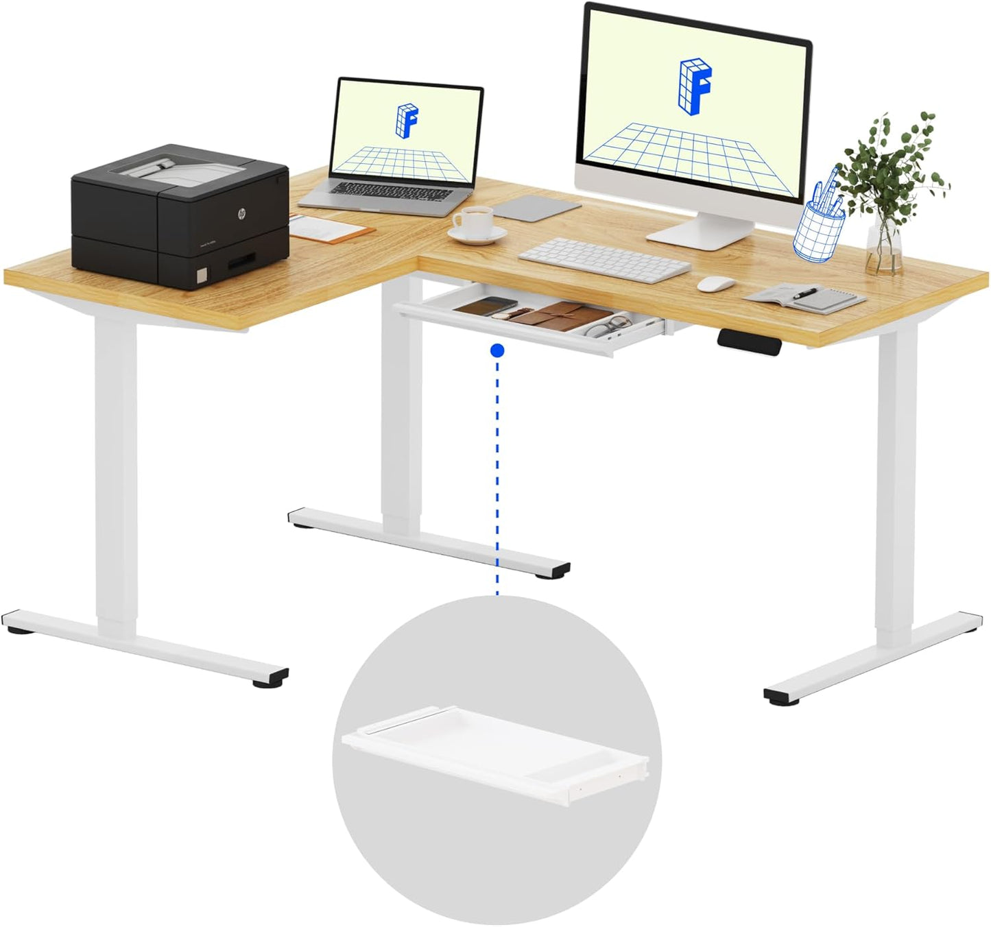 FLEXISPOT L Shaped Standing Desk, 63 x 47 Inch Electric Height Adjustable Corner Desk, Sit Stand Computer Workstation, Preset Controller, Home Office, White Frame with Maple Top, White Drawer