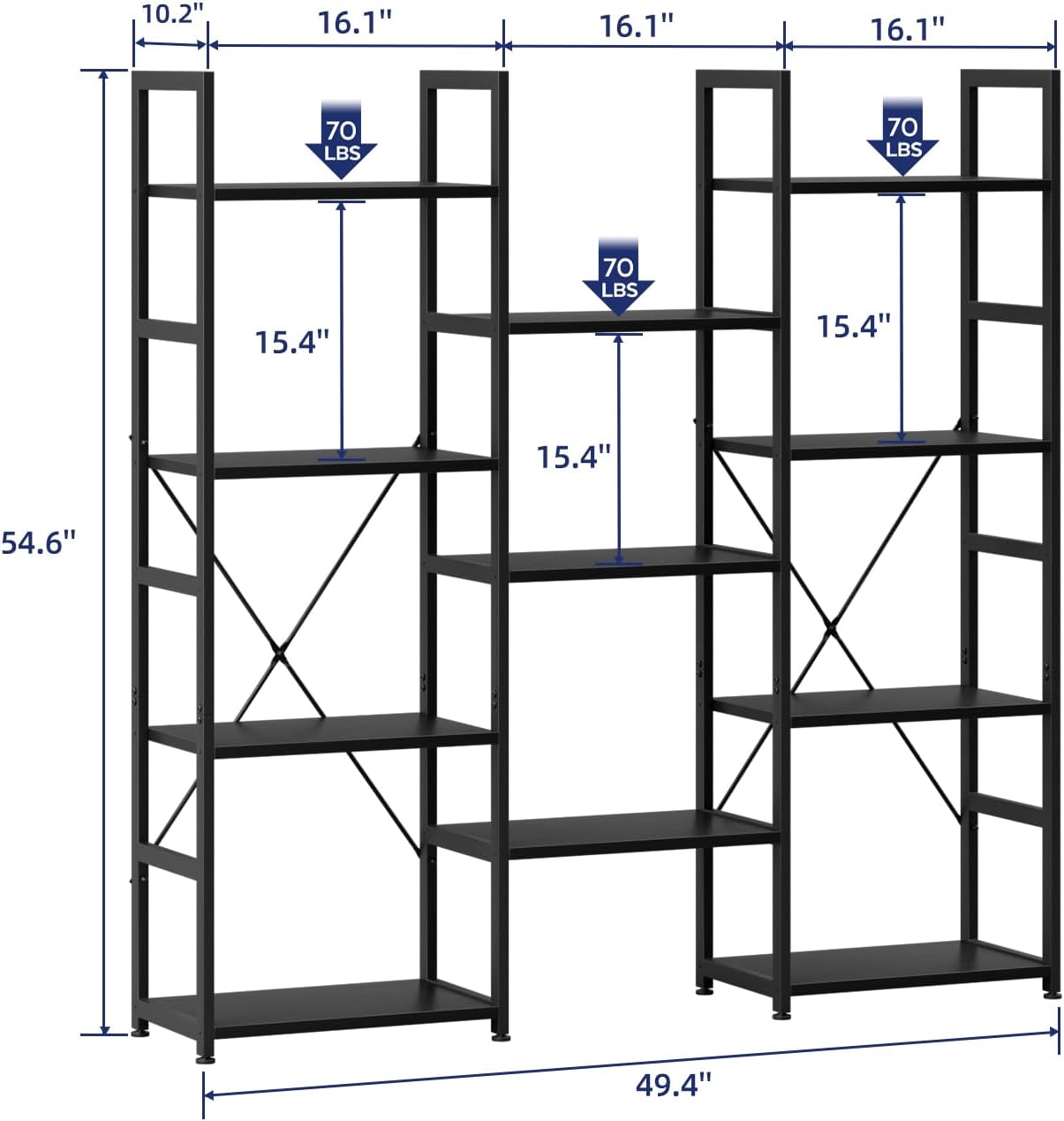 NUMENN Triple Column 4 Tier Bookshelf, Bookcase with 11 Open Display Shelves, Adjustable Rustic Industrial Style Book Shelves, Modern Bookshelves for Bedroom, Living Room and Home Office, Black