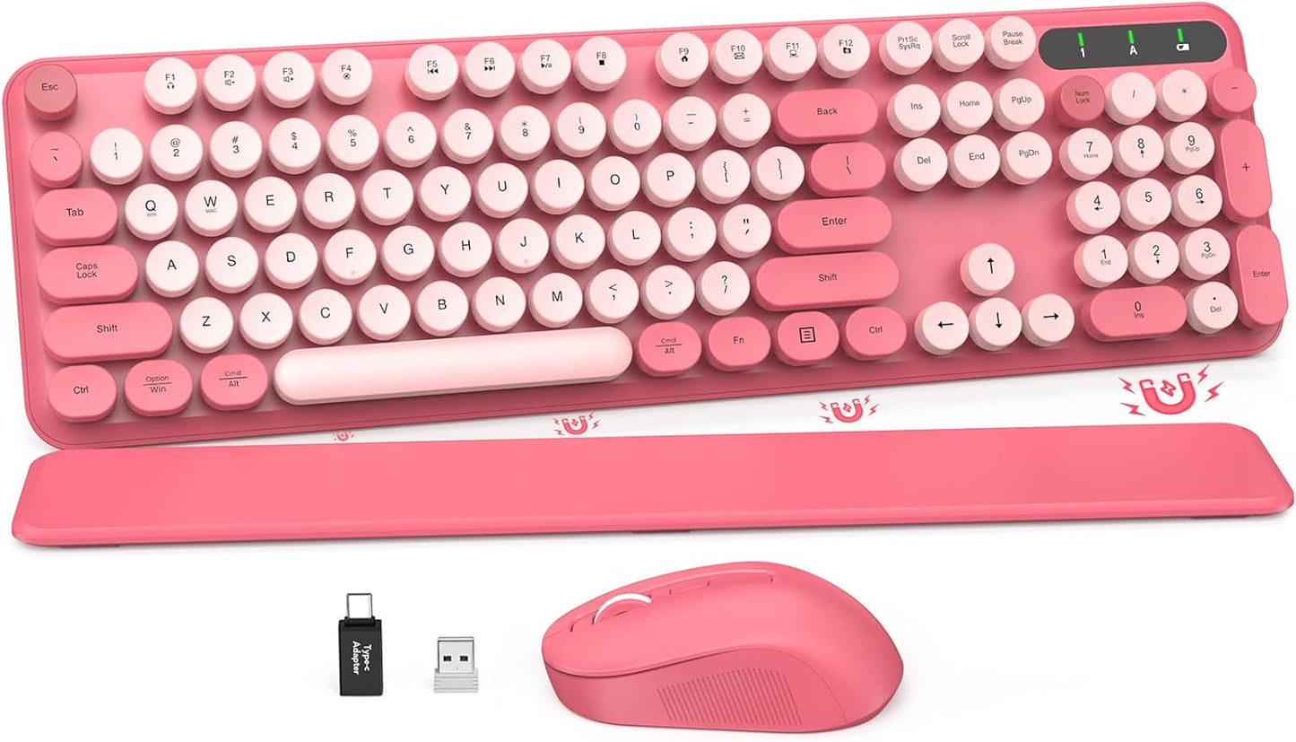 Wireless Keyboard and Mouse Combo - Round Keycaps, Full-Size Retro Typewriter Keyboard with Detachable Wrist Rest, Sleep Mode & Tilt Legs, 2.4GHz Cordless Connection for Mac/Windows/PC (Hot Pink)