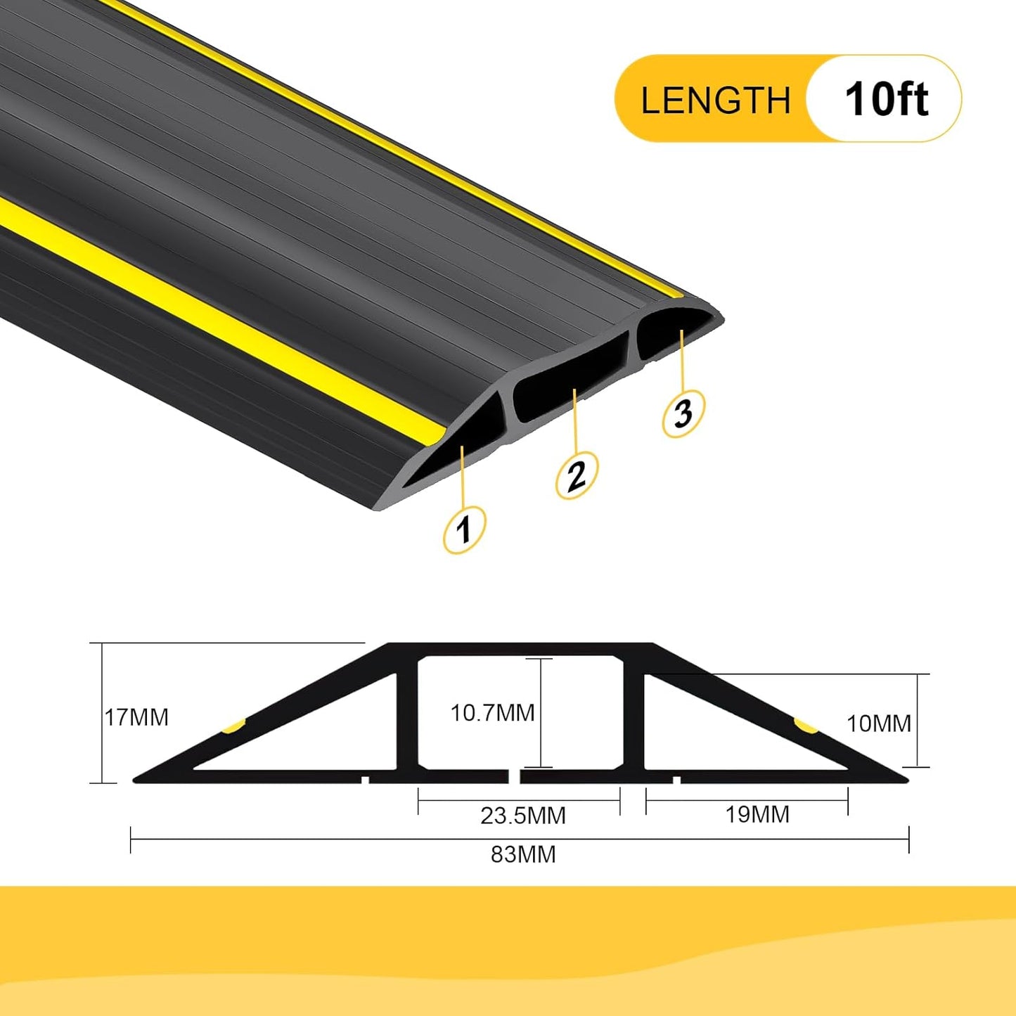 10 Ft Heavy Duty Floor Cord Cover Cable Protector, 3 Channels Protect Cords and Prevent a Trip Hazard— Conceal Wires at Home, Office, Warehouse, Workshop, Concerts