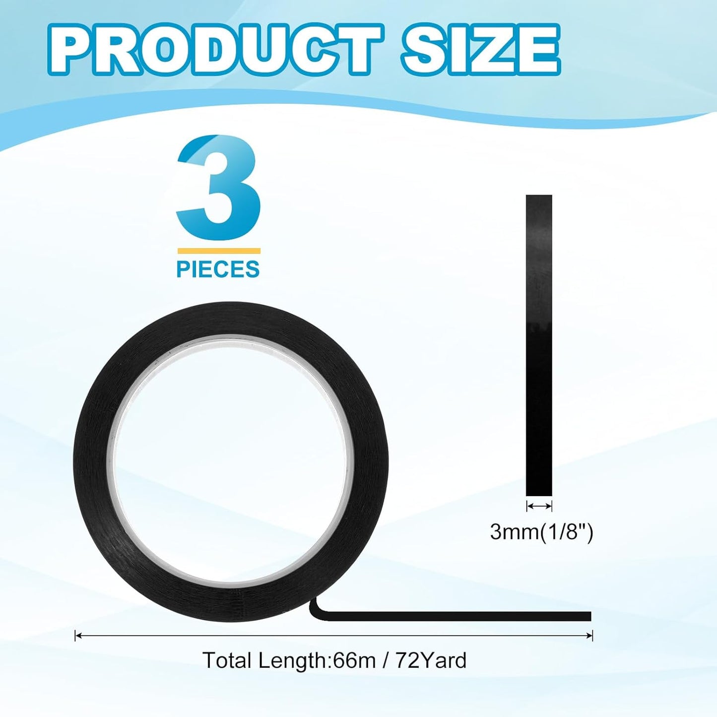 MECCANIXITY Whiteboard Tape 1/8" x 72 Yard Pinstripe Graphic Chart Line Grid Marking Tapes for Classroom Office Dry Erase Board Art, Black, Pack of 3