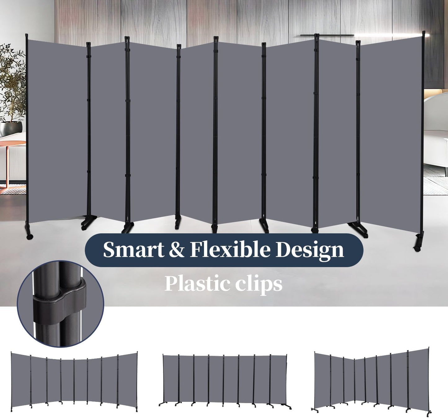 Room Divider Folding Privacy Screens with Lockable Wheels, 176'' Fabric Partition Room Dividers Freestanding Room Divider Panel for Room Separation, Wall Divider for Home Office Bedroom Studio Decor