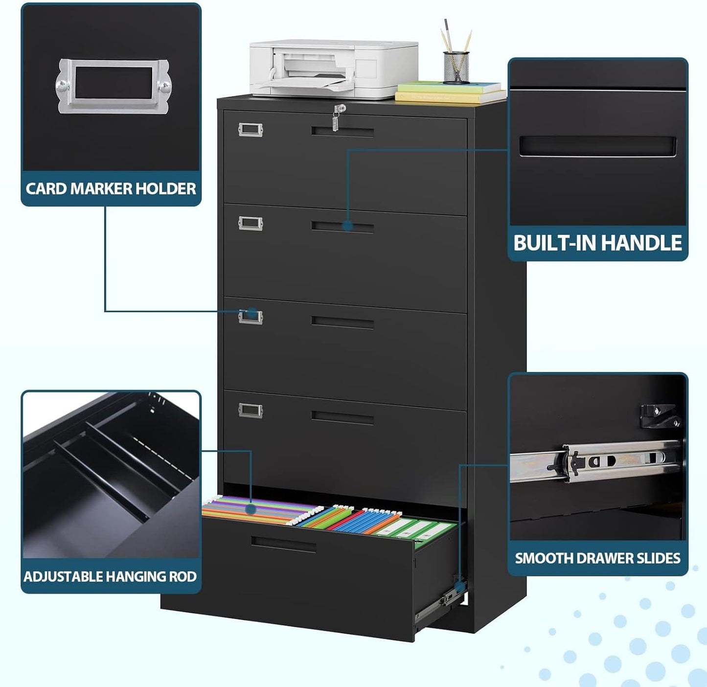Lateral Filing Cabinet,5 Drawer File Cabinet with Lock,Office Lateral File Cabinets for Legal/Letter A4 Size,Require Assembly, Black