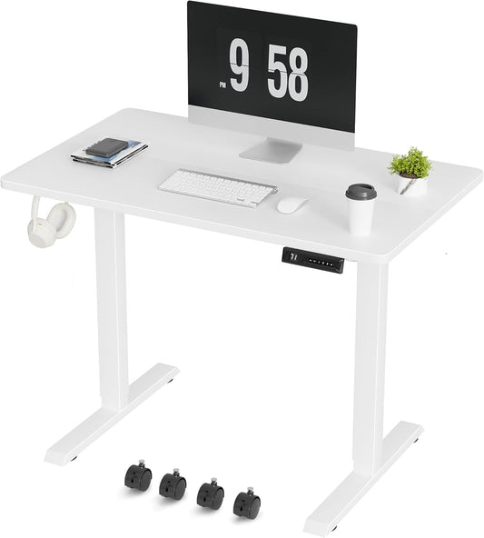 Furmax Electric Standing Desk, 39 x 24 Inches Height Adjustable Desk with Removable Casters, Home Office Computer Desk (White)