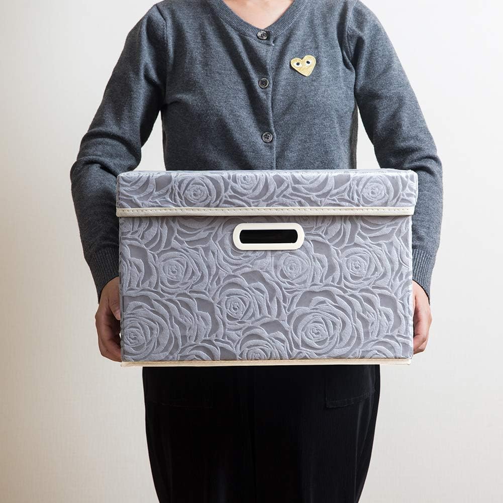 PRANDOM Foldable Storage Bins with Lids [5-Pack] Fabric Decorative Storage Box Cubes Organizer Containers Baskets with Cover Handles Divider for Bedroom Closet Living Room Grey 14.9x9.8x9.8 Inch