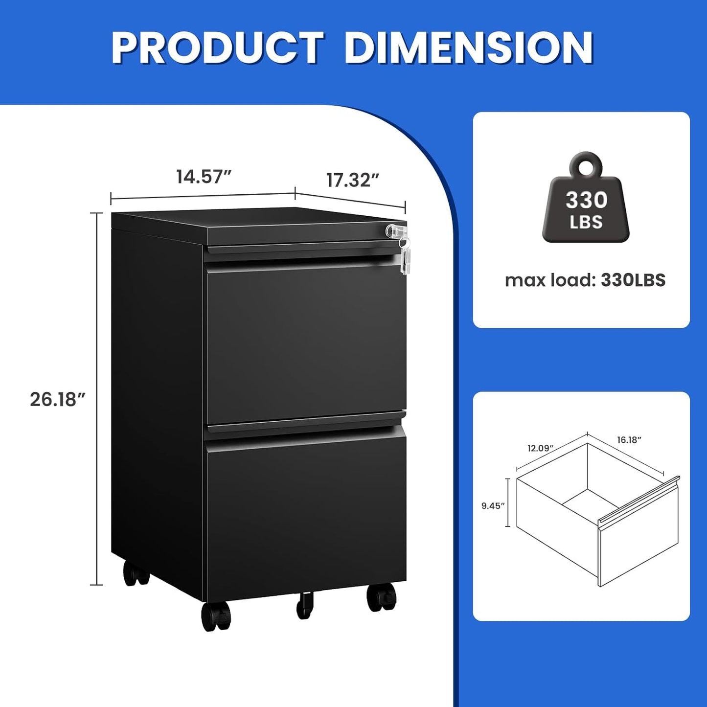 MIIIKO 2 Drawer File Cabinet on Wheels, Home Office Mobile File Drawers Under Desk, Filing Cabinets with Drawers for Legal/Letter/A4 File Folders(Black),Un-Assembled
