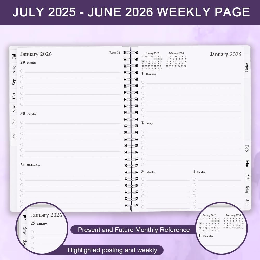 2025-2026 Planner - Weekly & Monthly Planner Runs Jul 2025 to Jun 2026, 6.25" x 8.25", 12 Monthly Tabs, 14 Notes Page, Inner Pocket, Flexible Cover with Twin-Wire Binding, Planners 2025-2026, Purple