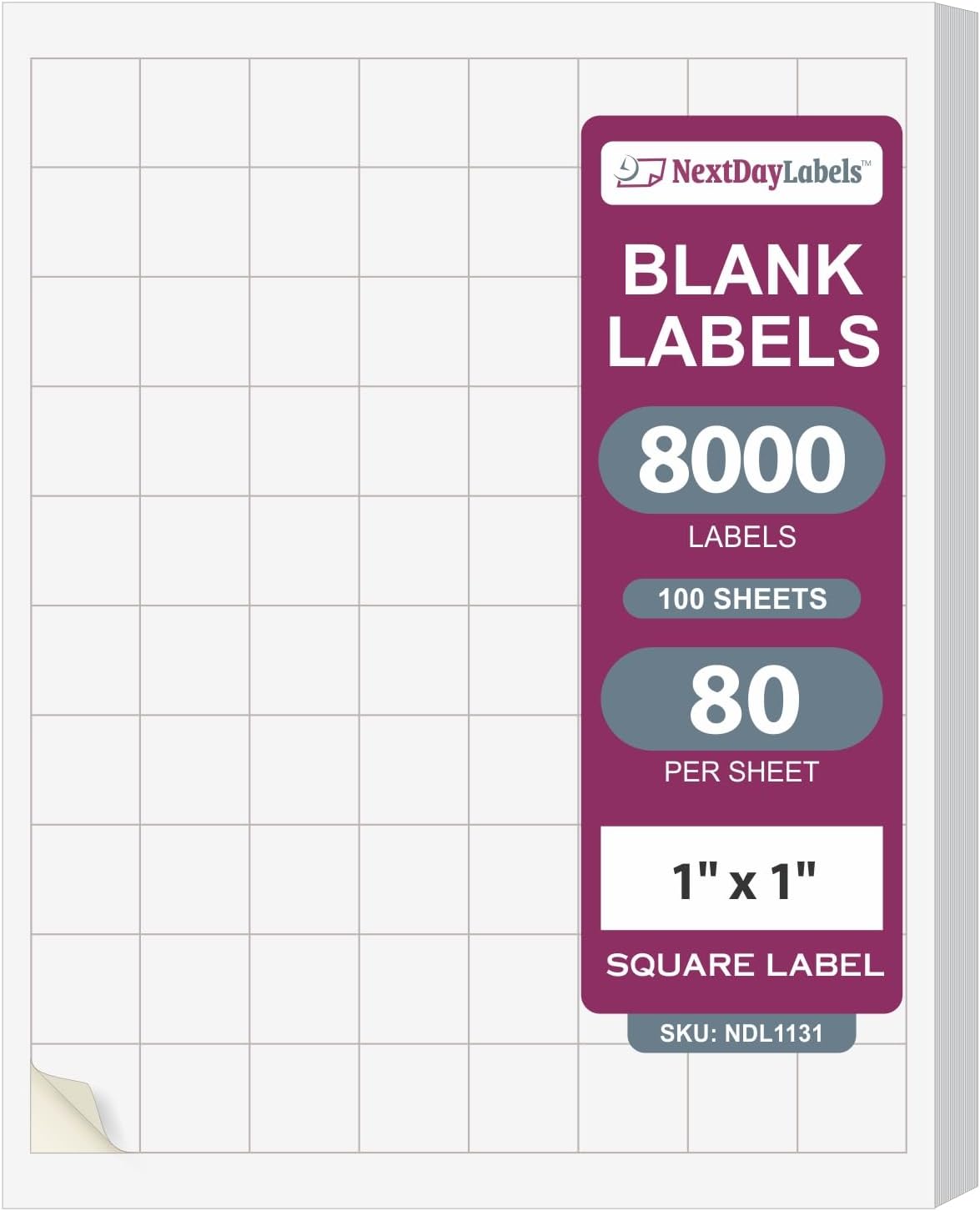 NextDayLabels – 1" x 1" Square Sticker Labels for Printer - White Laser/Inkjet Printer Labels Return Address Labels Shipping Label Stickers (100 Sheets, 80 Per Sheet, 8000 Labels)