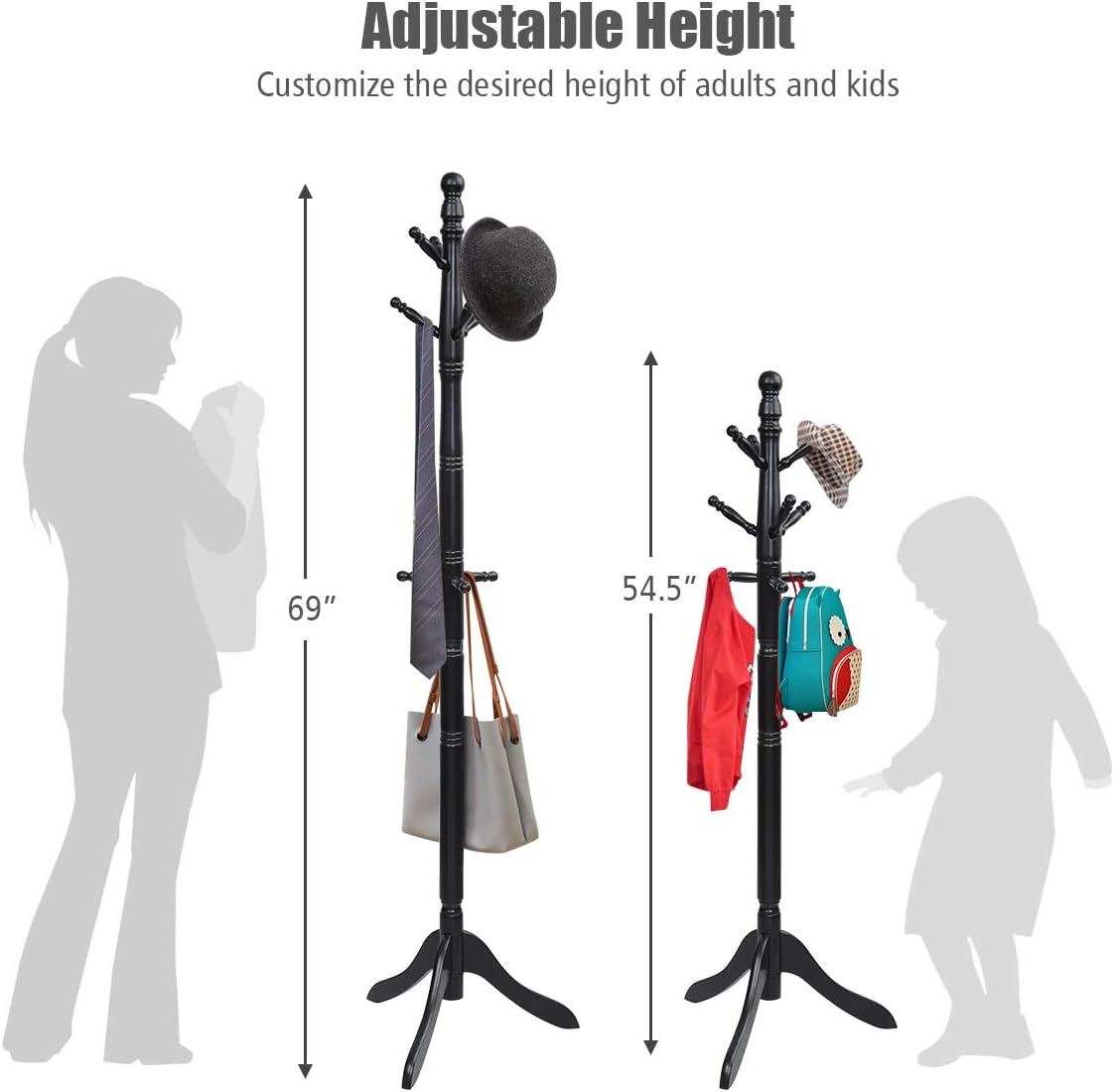 Tangkula Wood Coat Rack Freestanding, Entryway Height Adjustable Coat Stand with 9 Hooks & Stable Tri-Legged Base, Rubber Wood Coat Tree Hall Tree Coat Hanger Stand for Home Office Hall Entryway
