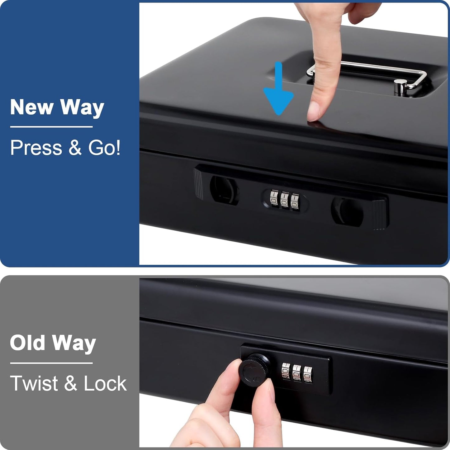 Jssmst Locking Cash Box with Coin Lid, 11.8L x 9.5W x 3.5H Inches, Latch Safe Money Box with Combination Lock, Black