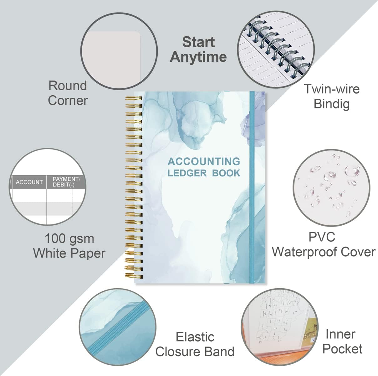 Accounting Ledger Book - A5 Ledger Book for Bookkeeping, Small Businesses & Personal Use, Expense Tracker Notebook for Tracking Money, Expenses, Deposits & Balance, 5.8" x 8.4", Watercolor Blue