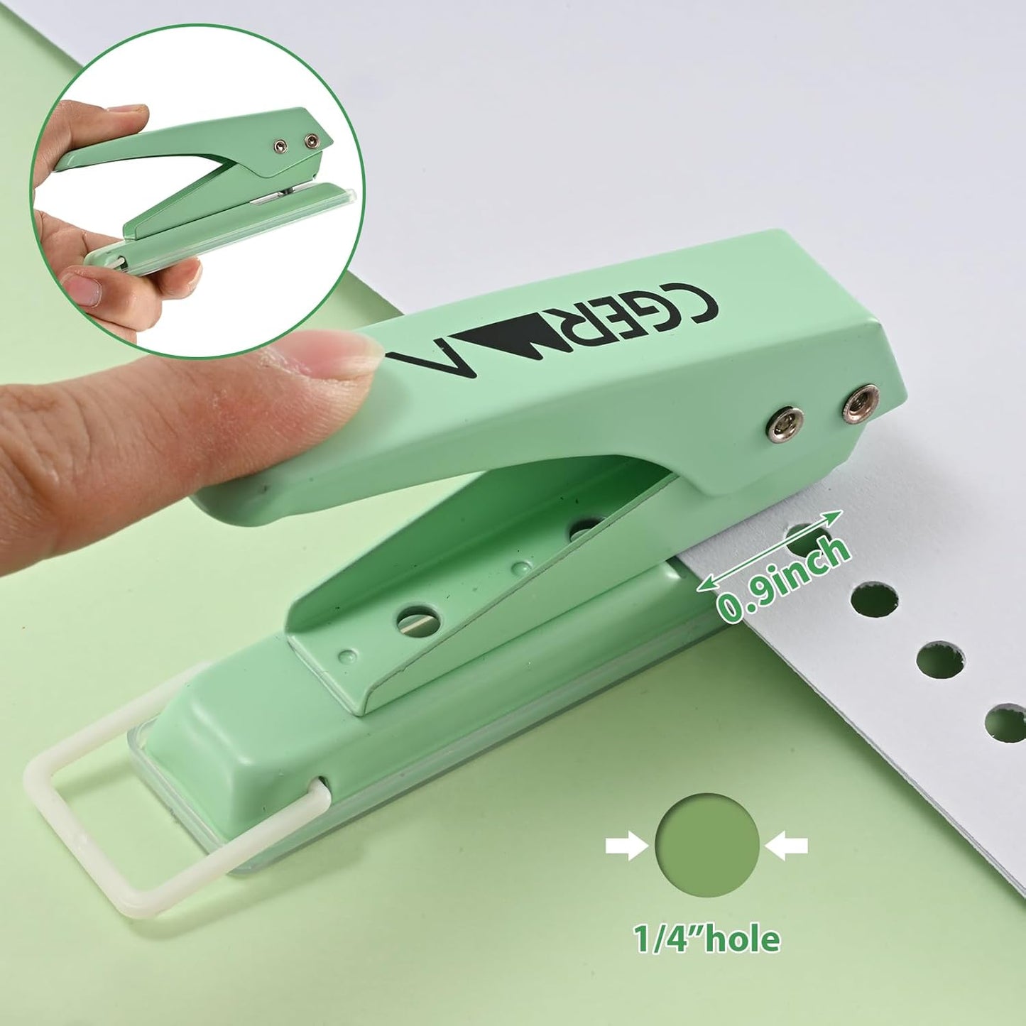 Single Hole Puncher, 1/4" Hole, 50% Labor Savings, Heavy Duty Metal Punch, 15 Sheet Capacity, for ID Cards, Chipboard, Art Project, Crafts Easy Punching, Green
