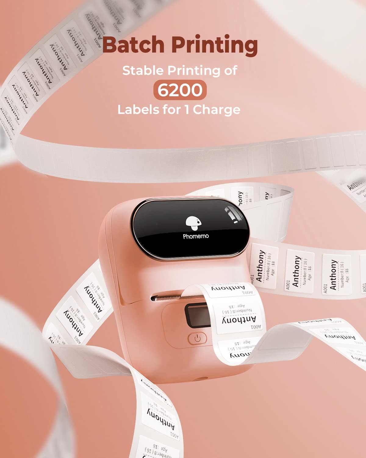 Phomemo M110 Label Printer - Bluetooth Portable Label Maker No Ink, Mini Barcode Label Printer for Retail, Address, Barcode, Home, for PC/Mac, iOS/Android, with 3 Packs Most Used Labels, Baby Pink