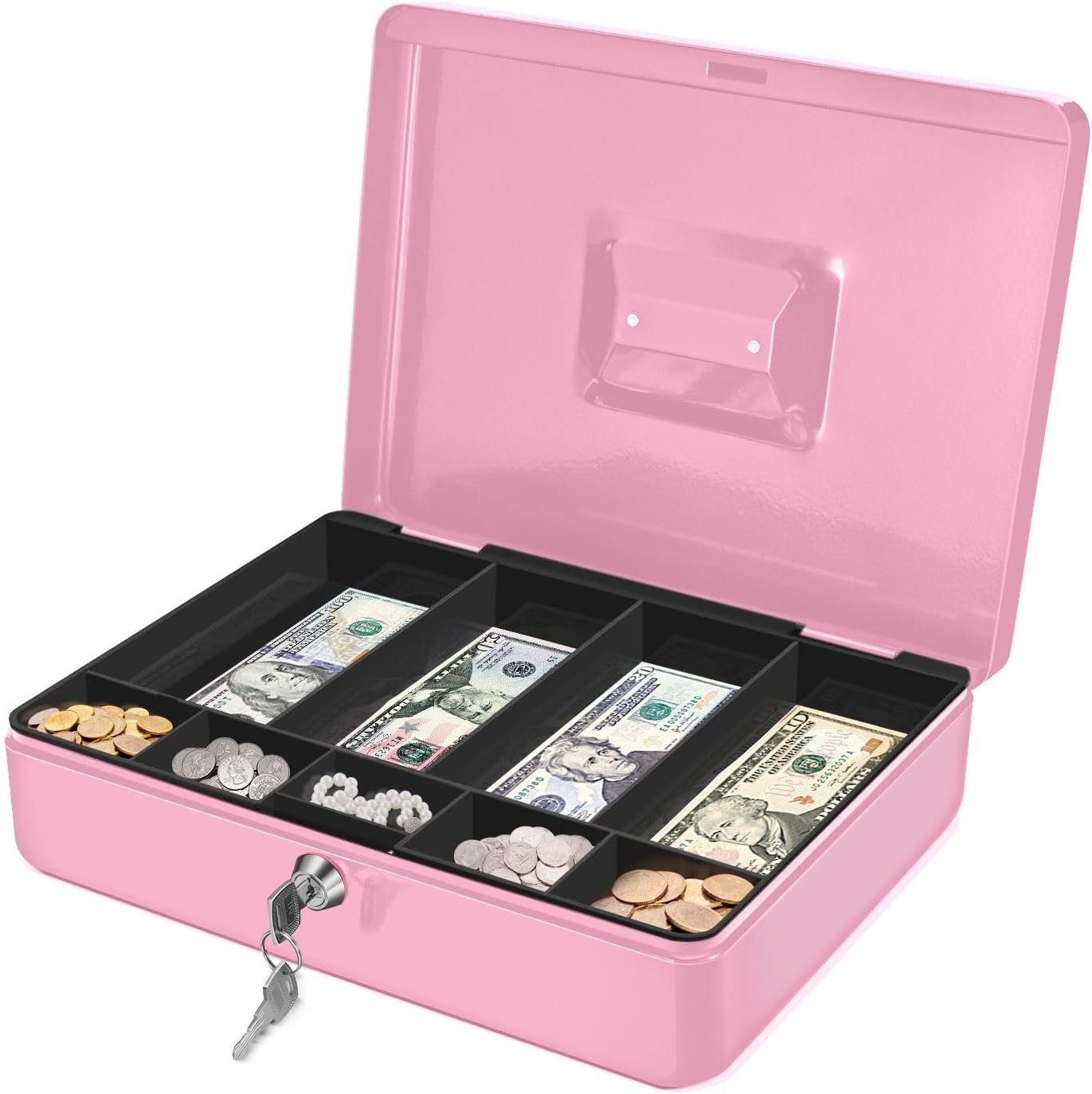 Flexzion Cash Box with Money Tray and Lock - Metal Cash Box for Small Businesses, 9-Compartment Pink Money Box with Removable Tray and Key, Portable Storage for Checks and Coins