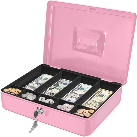 Flexzion Cash Box with Money Tray and Lock - Metal Cash Box for Small Businesses, 9-Compartment Pink Money Box with Removable Tray and Key, Portable Storage for Checks and Coins