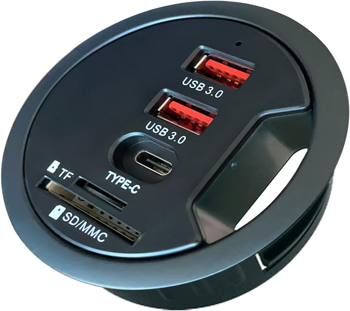 Grommet Desk-Fit USB 3.0 Hub (Diameter 2.36" or 60MM) 2 Port Type-A and 1 Port Type-C with SD/TF Card Reader,Compatible Charging and Data Transmission,