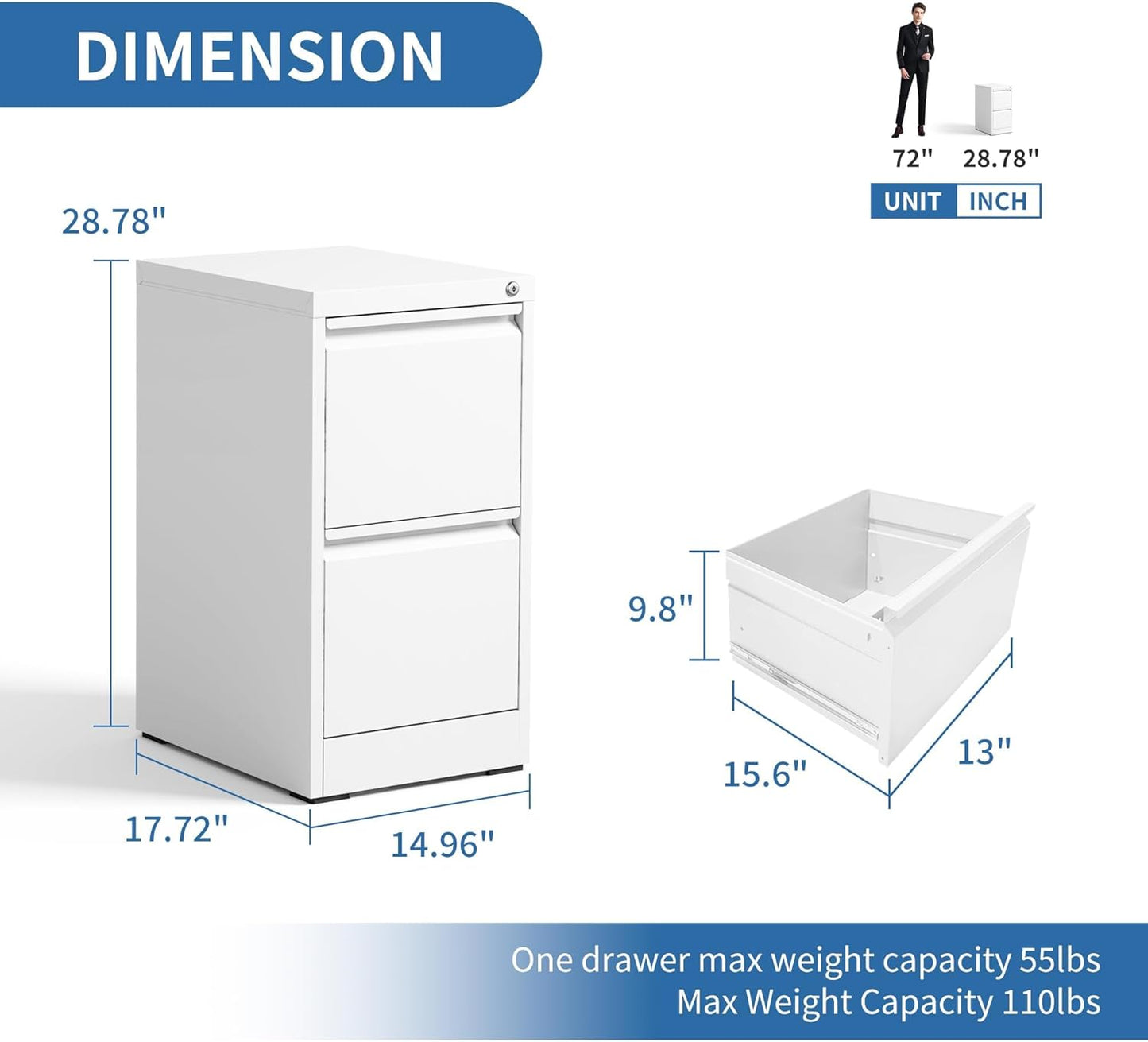 2 Drawer File Cabinet with Lock, Steel Vertical Filing Cabinets for Home Office, Small Metal Storage Cabinet for Hanging Legal/Letter Size Files, Assembly Required (White)