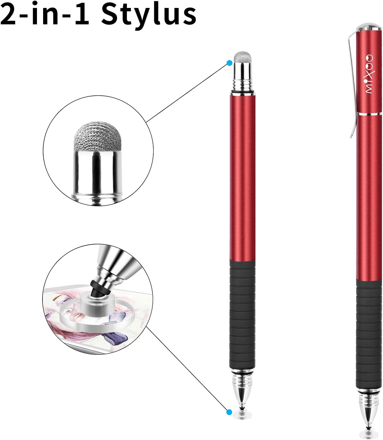 Mixoo Stylus Pens for Touch Screens - Disc & Fiber Tip 2 in 1 High Sensitivity Universal Stylus for iPad, iPhone, Tablets and Other Capacitive Touch Screens (Red)