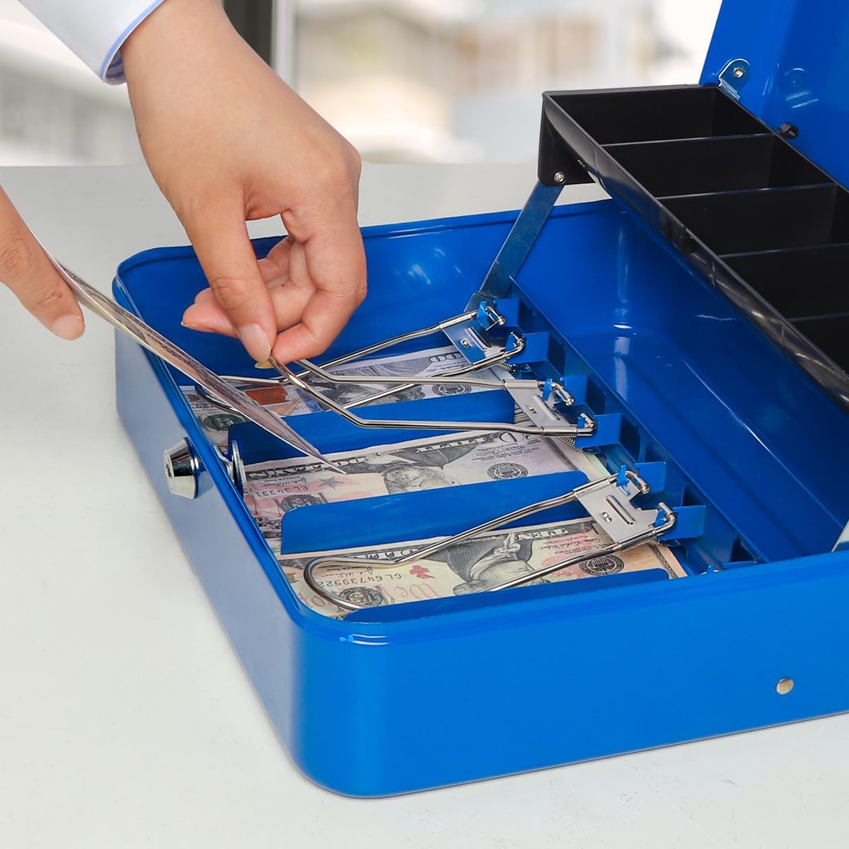 Jssmst Locking Large Metal Cash Box with Money Tray, Lock Money Box with Key, Blue, CB00513XL
